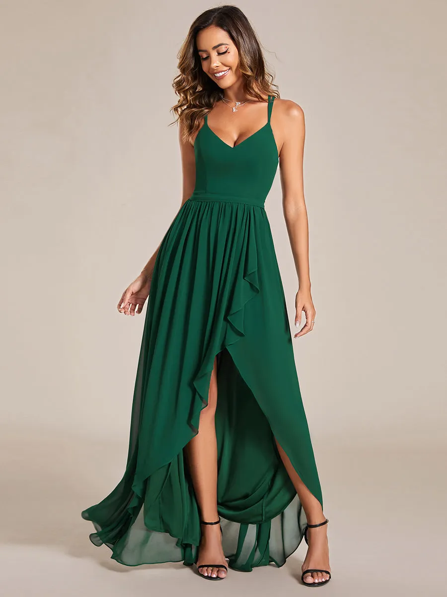 Spaghetti Straps Slit A-Line Wholesale Chiffon Bridesmaid Dress With Ruffle Detail