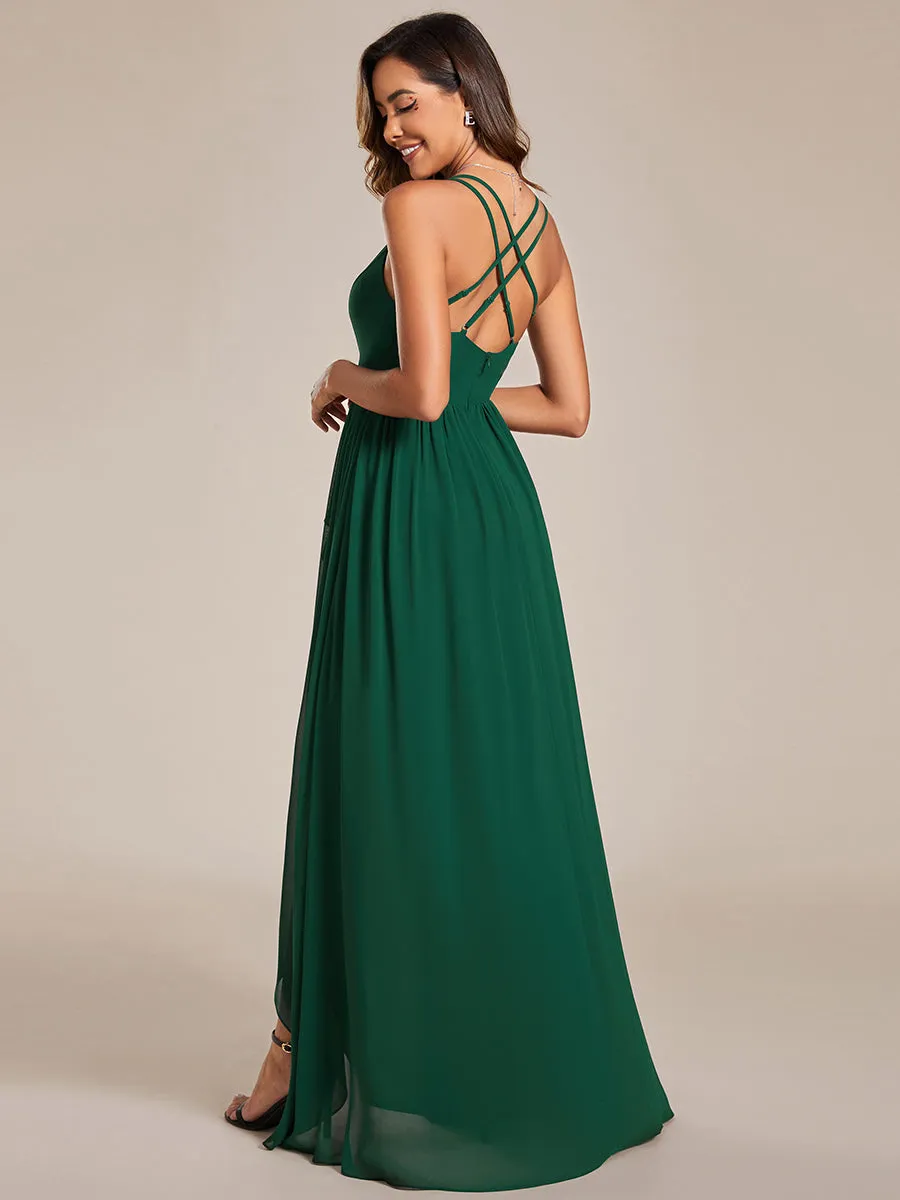 Spaghetti Straps Slit A-Line Wholesale Chiffon Bridesmaid Dress With Ruffle Detail