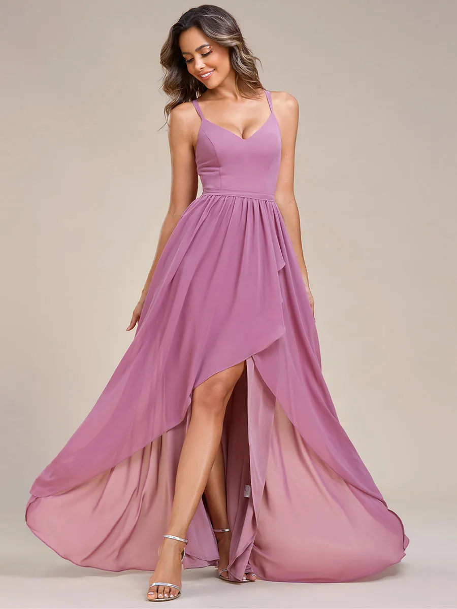 Spaghetti Straps Slit A-Line Wholesale Chiffon Bridesmaid Dress With Ruffle Detail