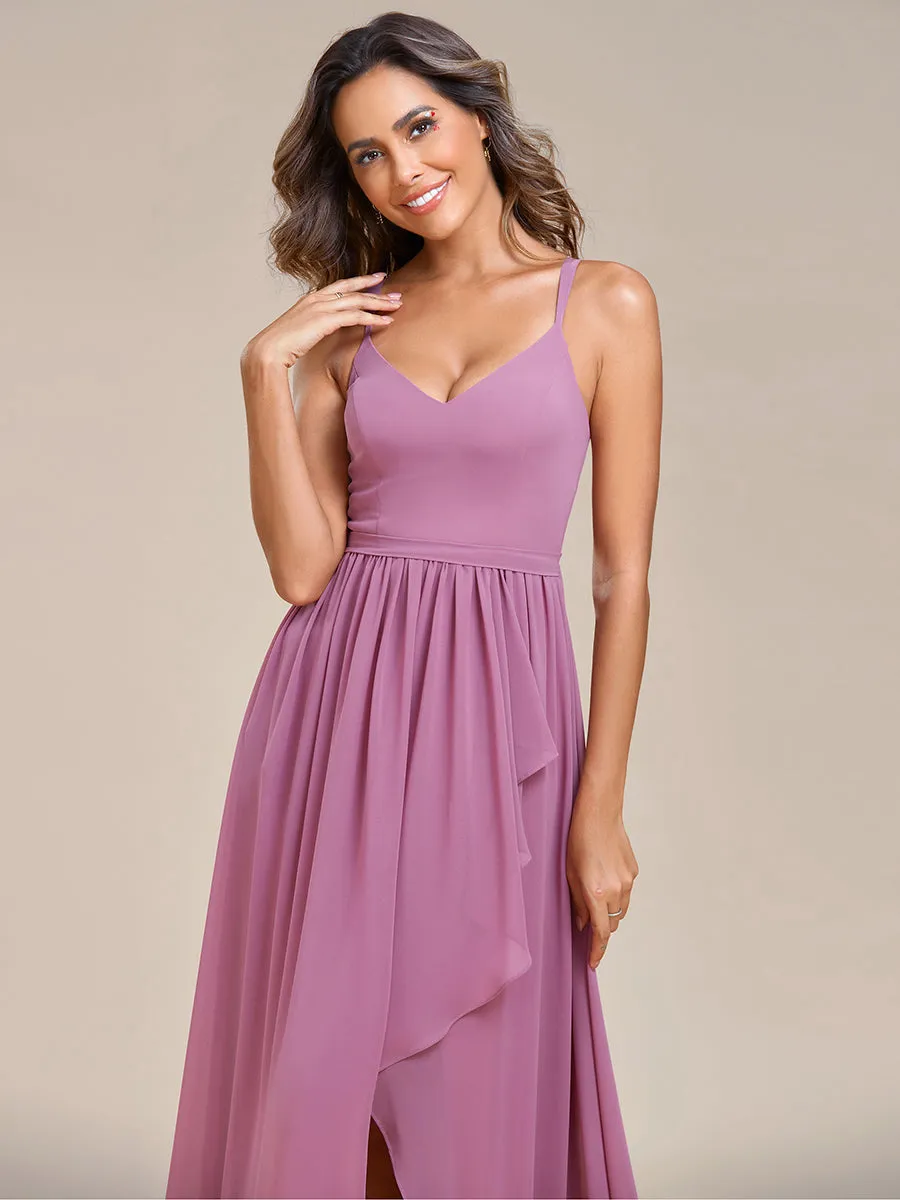 Spaghetti Straps Slit A-Line Wholesale Chiffon Bridesmaid Dress With Ruffle Detail