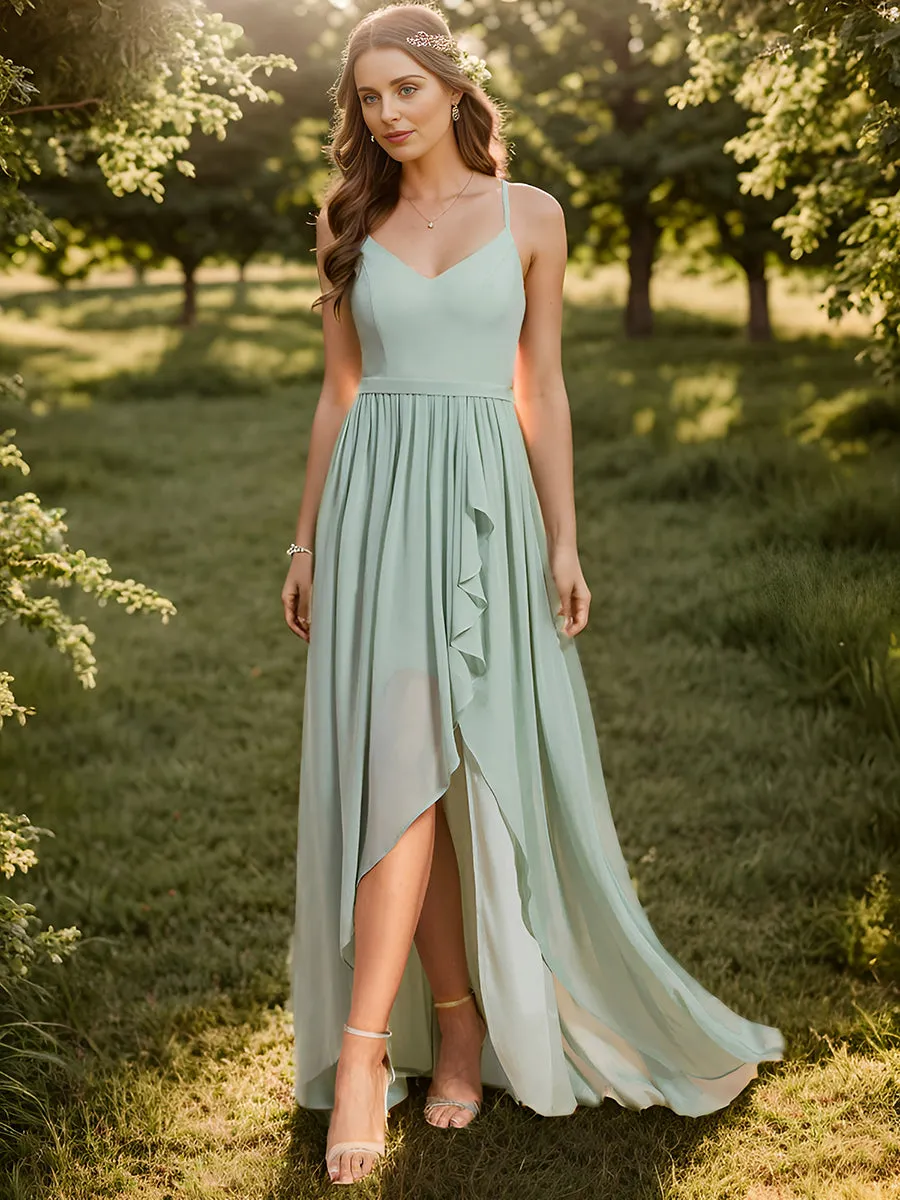 Spaghetti Straps Slit A-Line Wholesale Chiffon Bridesmaid Dress With Ruffle Detail