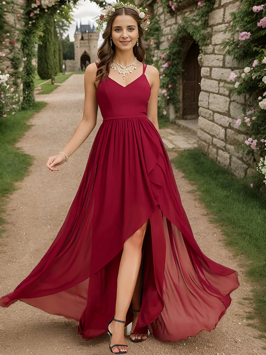 Spaghetti Straps Slit A-Line Wholesale Chiffon Bridesmaid Dress With Ruffle Detail