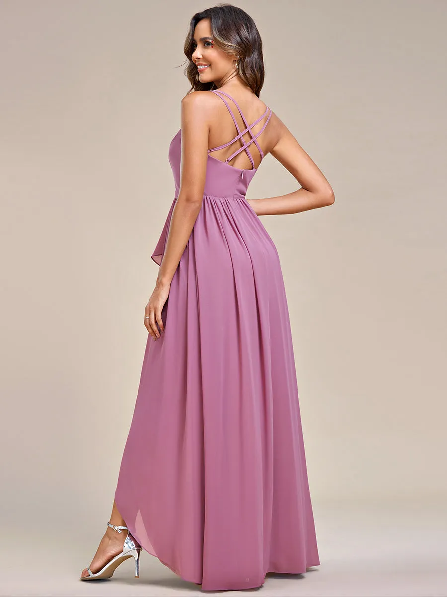 Spaghetti Straps Slit A-Line Wholesale Chiffon Bridesmaid Dress With Ruffle Detail