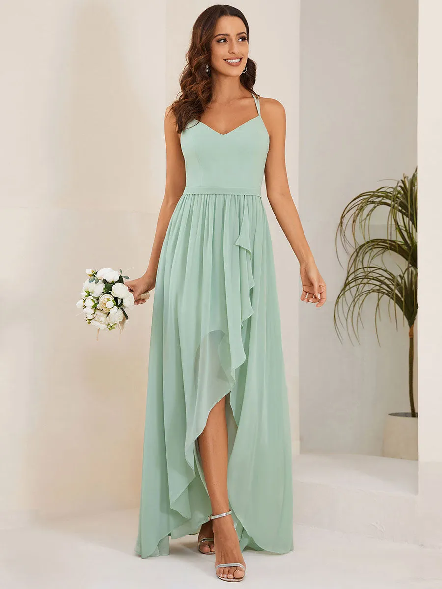 Spaghetti Straps Slit A-Line Wholesale Chiffon Bridesmaid Dress With Ruffle Detail