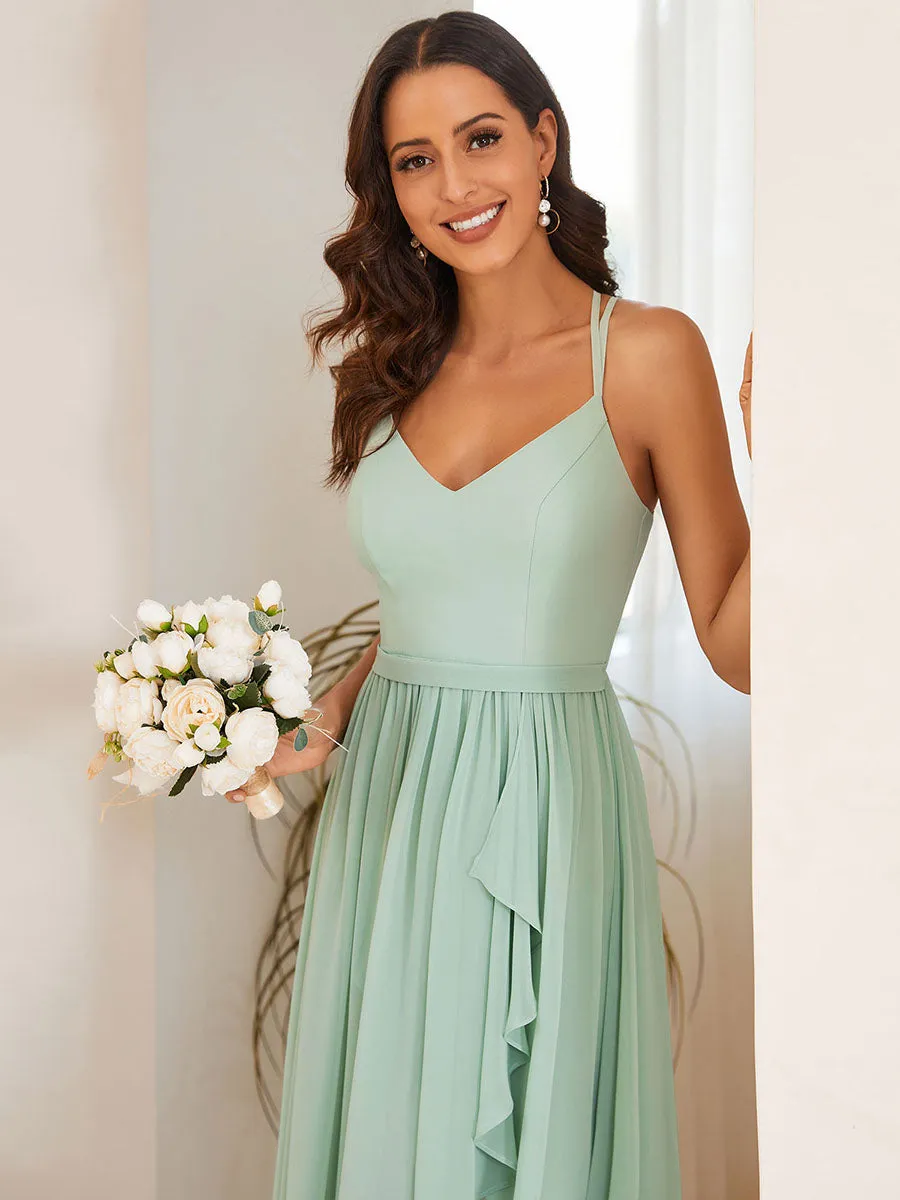 Spaghetti Straps Slit A-Line Wholesale Chiffon Bridesmaid Dress With Ruffle Detail