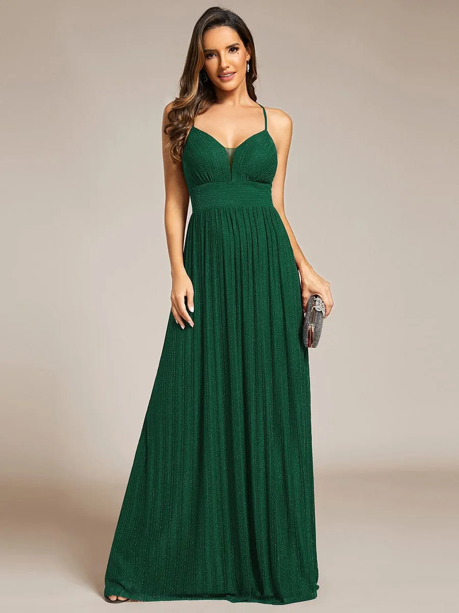 Sparkle Sleeveless Backless Formal Evening Dress with V-Neck