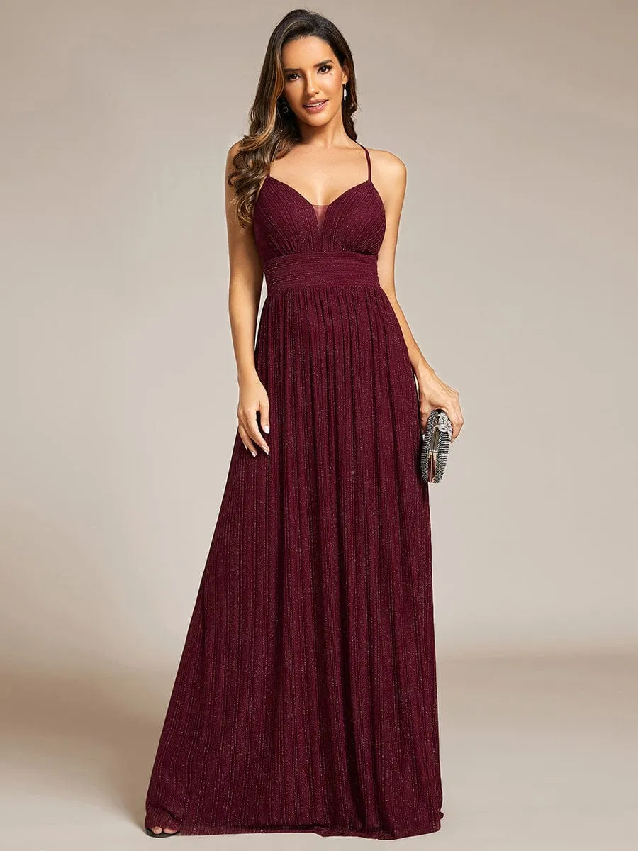 Sparkle Sleeveless Backless Formal Evening Dress with V-Neck