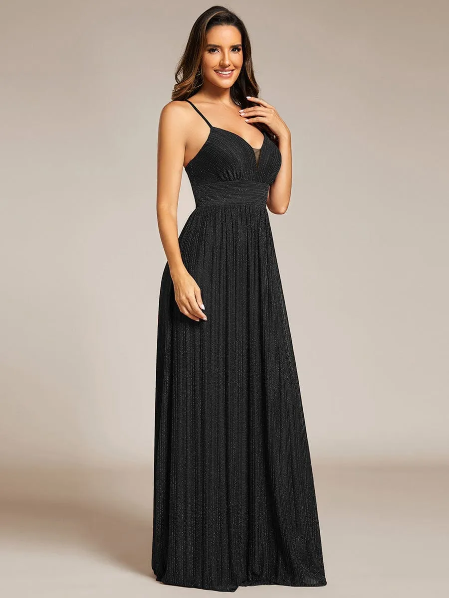 Sparkle Sleeveless Backless Formal Evening Dress with V-Neck