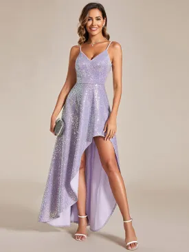 Sparkling Sequin Spaghetti Straps High-Low Backless Evening Dress