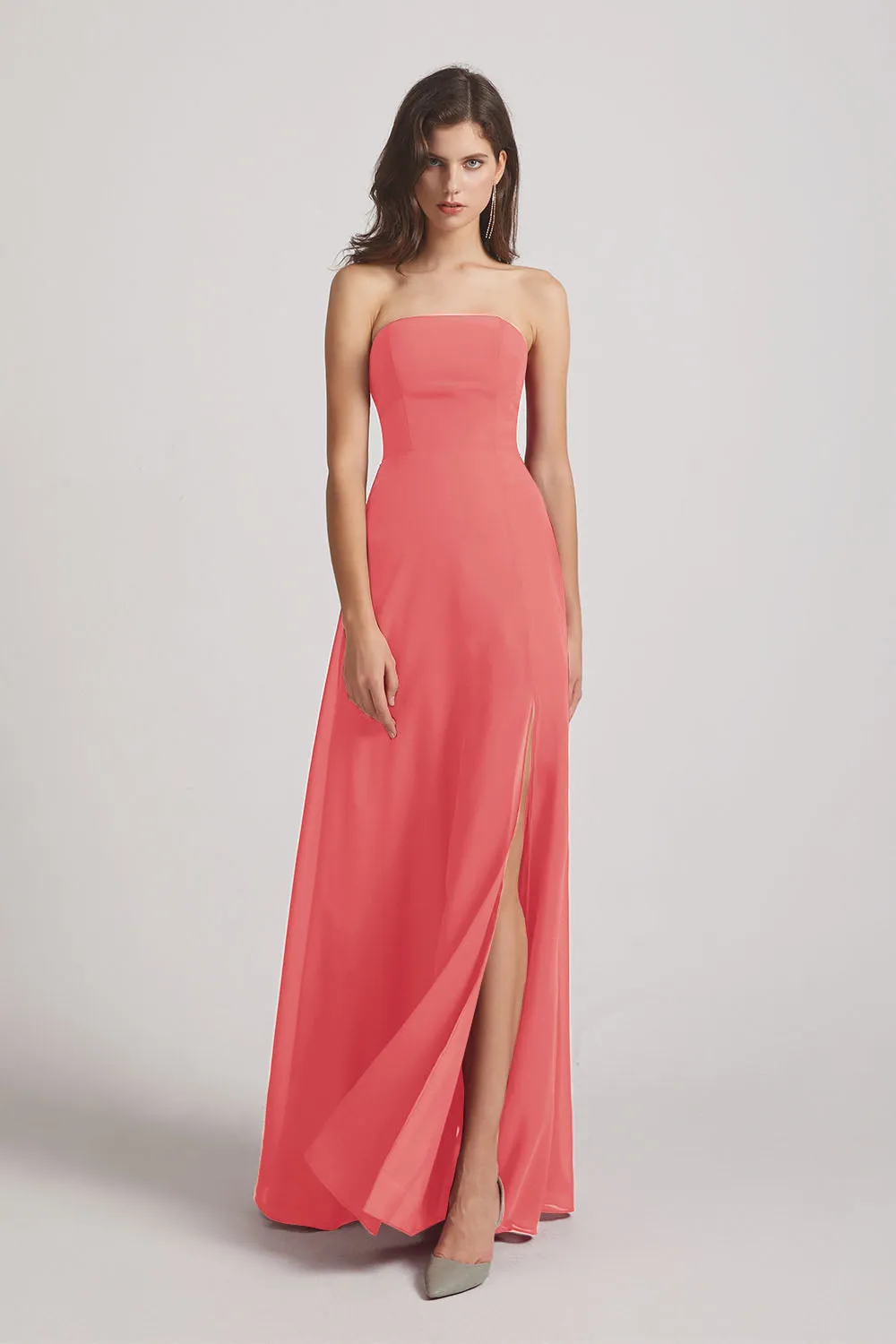 Strapless Chiffon Ruched Slit Long Bridesmaid Dresses (AF0050)