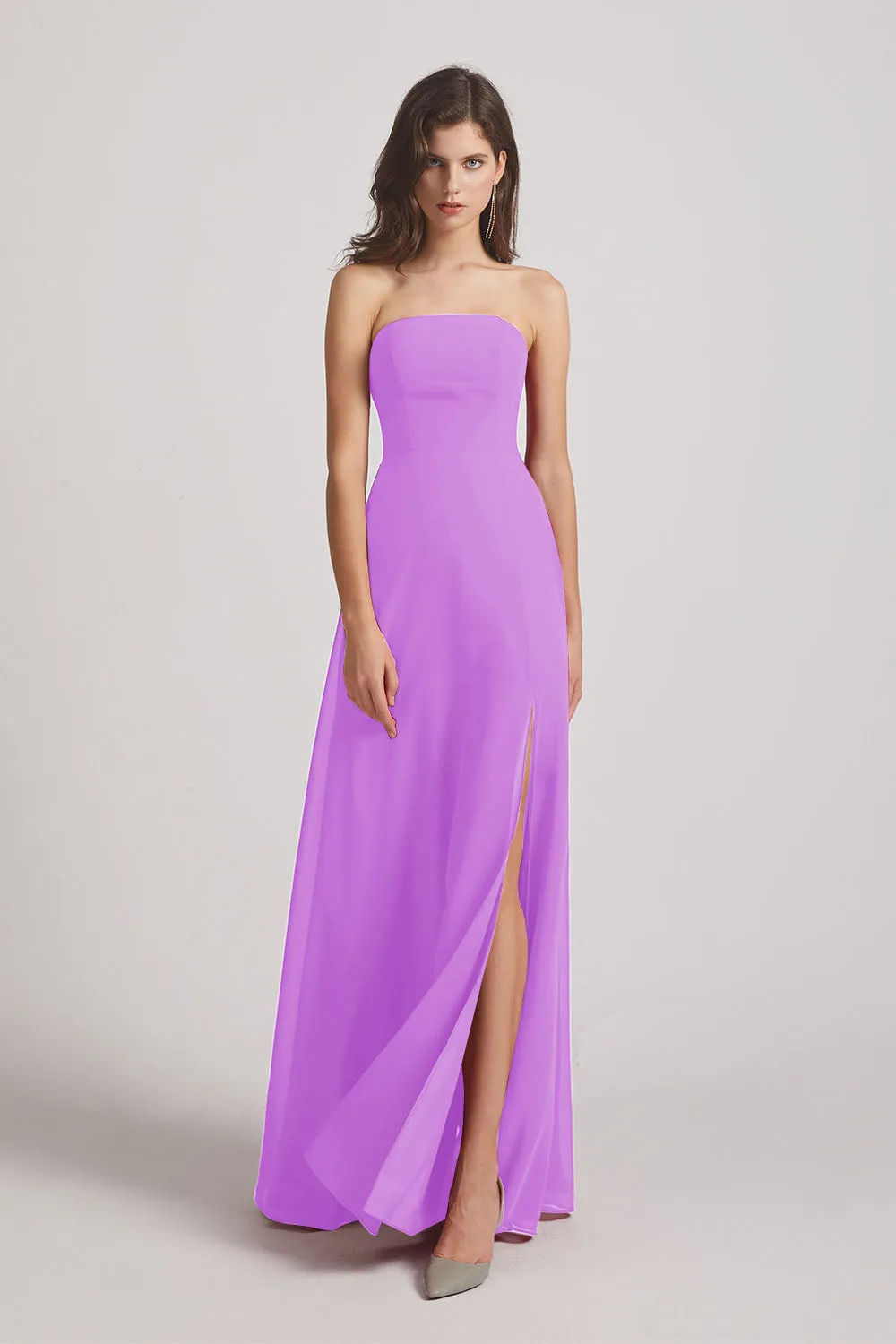 Strapless Chiffon Ruched Slit Long Bridesmaid Dresses (AF0050)