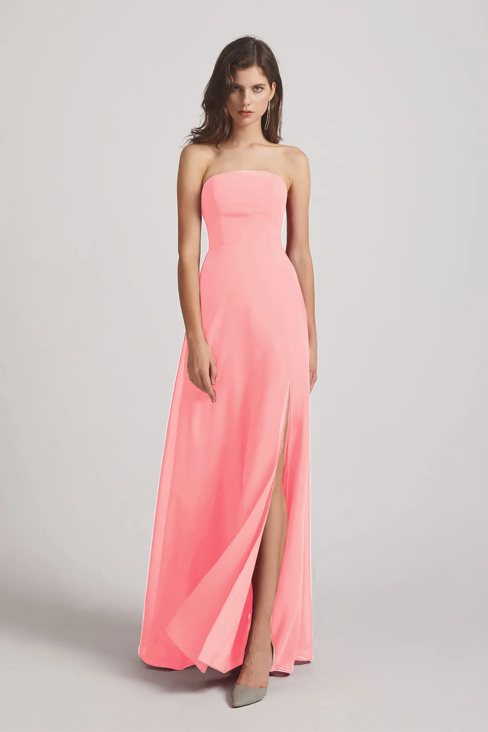 Strapless Chiffon Ruched Slit Long Bridesmaid Dresses (AF0050)