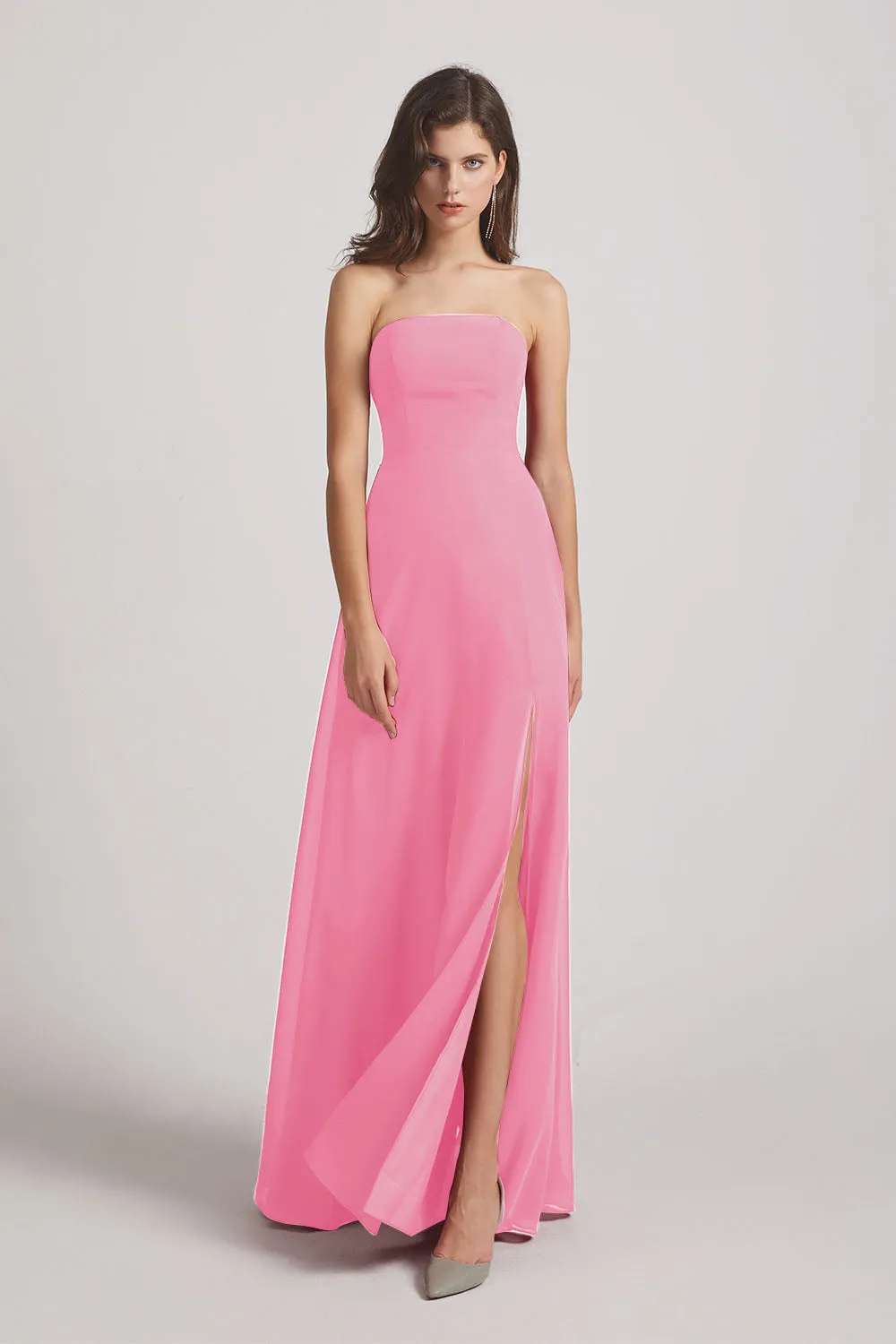 Strapless Chiffon Ruched Slit Long Bridesmaid Dresses (AF0050)