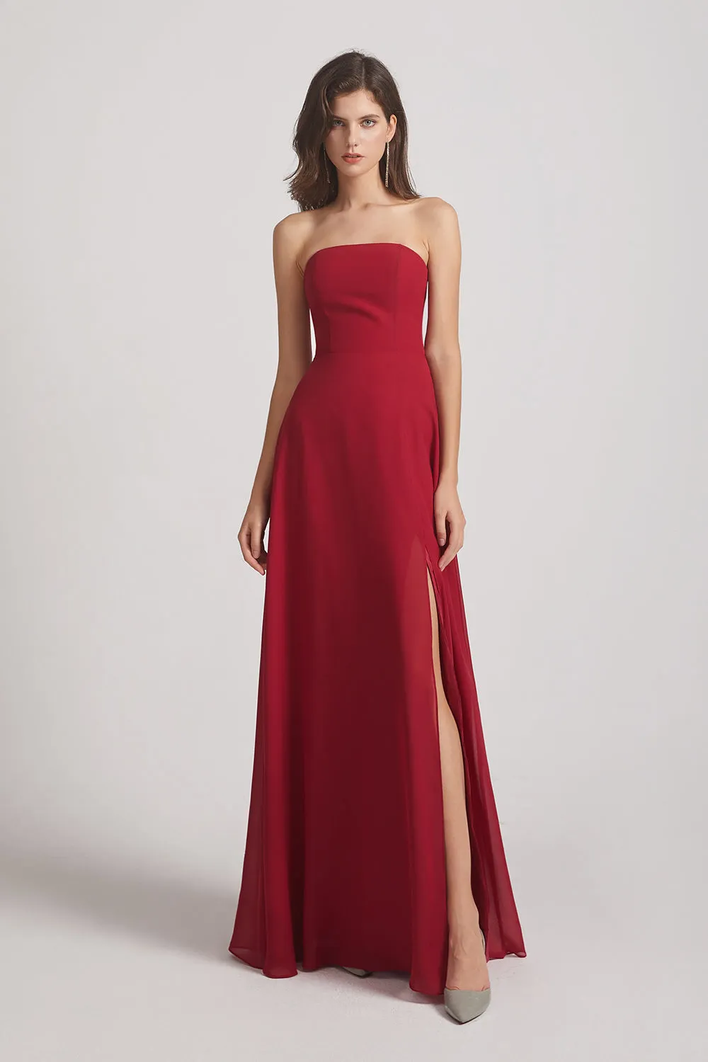 Strapless Chiffon Ruched Slit Long Bridesmaid Dresses (AF0050)