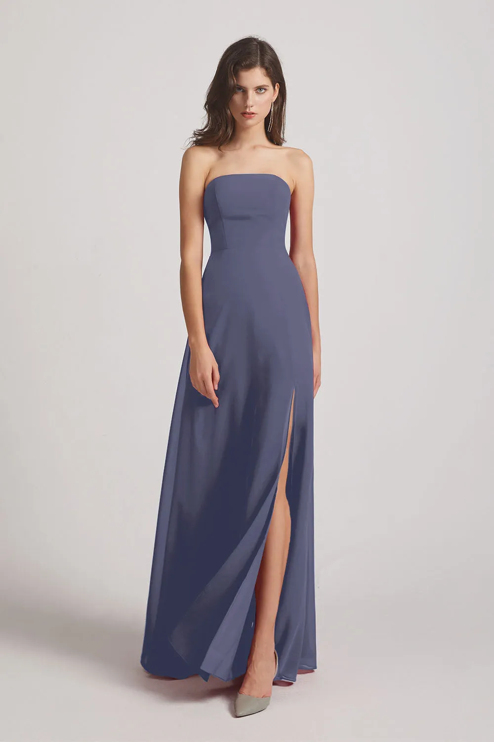 Strapless Chiffon Ruched Slit Long Bridesmaid Dresses (AF0050)