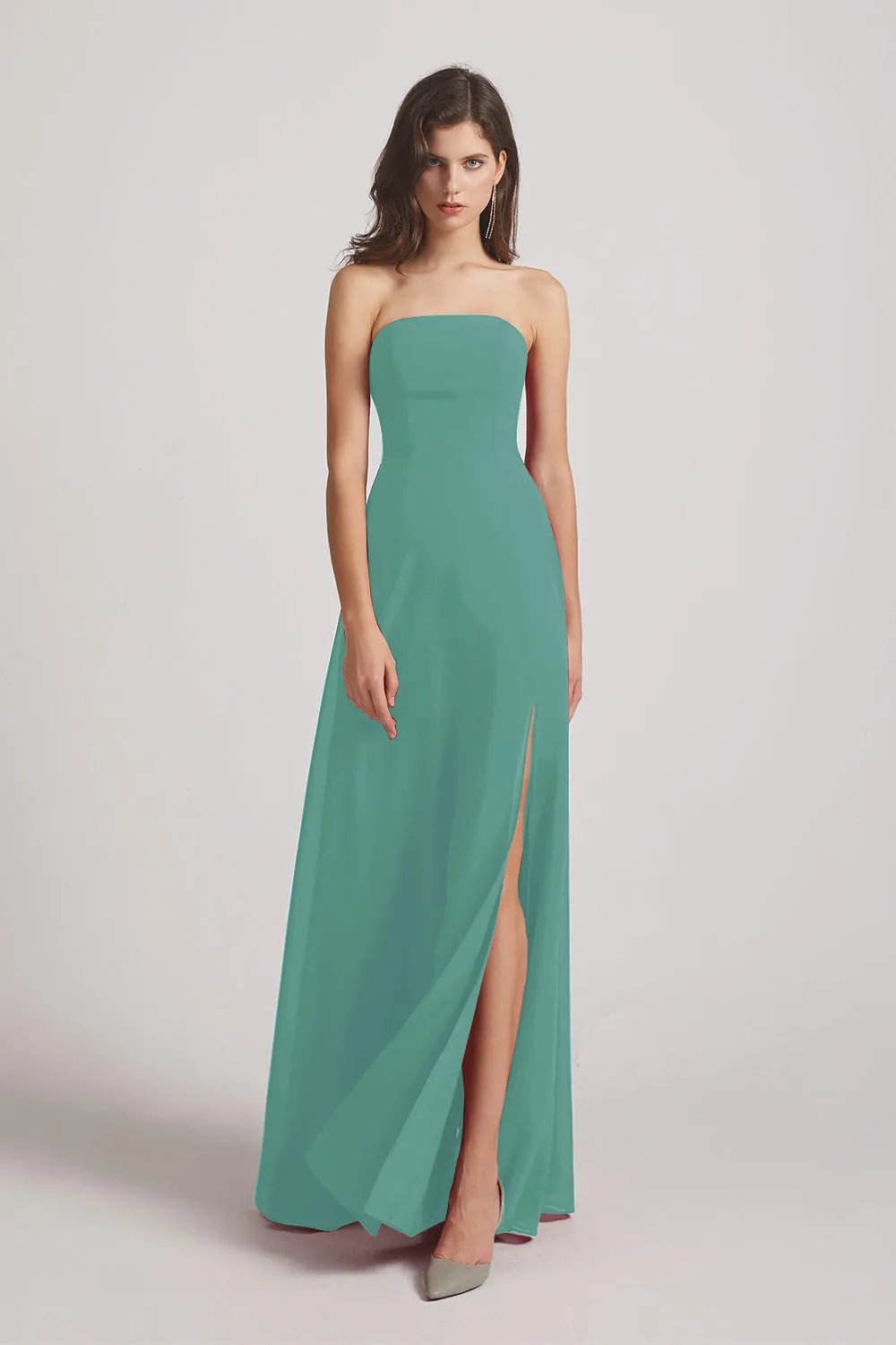 Strapless Chiffon Ruched Slit Long Bridesmaid Dresses (AF0050)