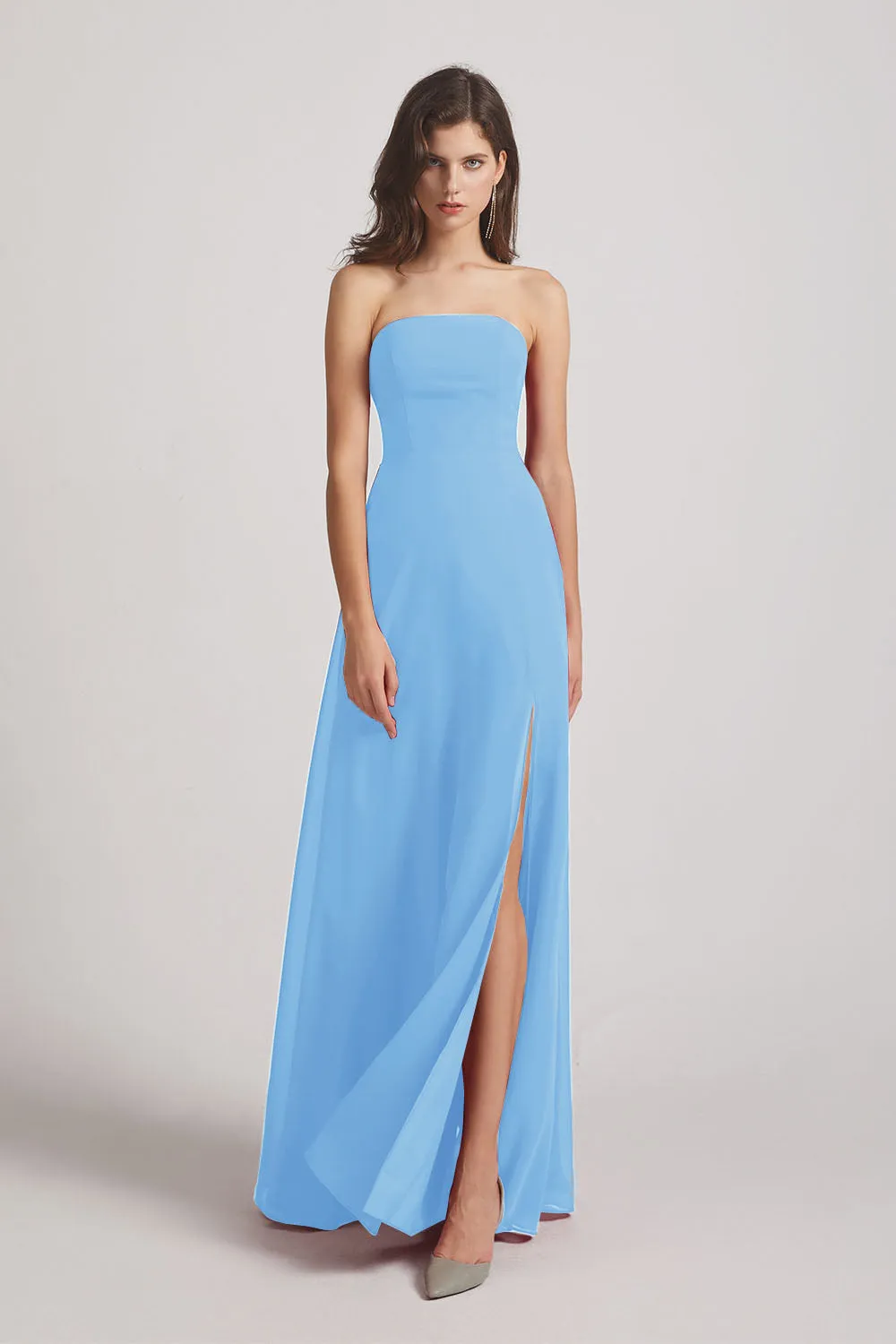 Strapless Chiffon Ruched Slit Long Bridesmaid Dresses (AF0050)