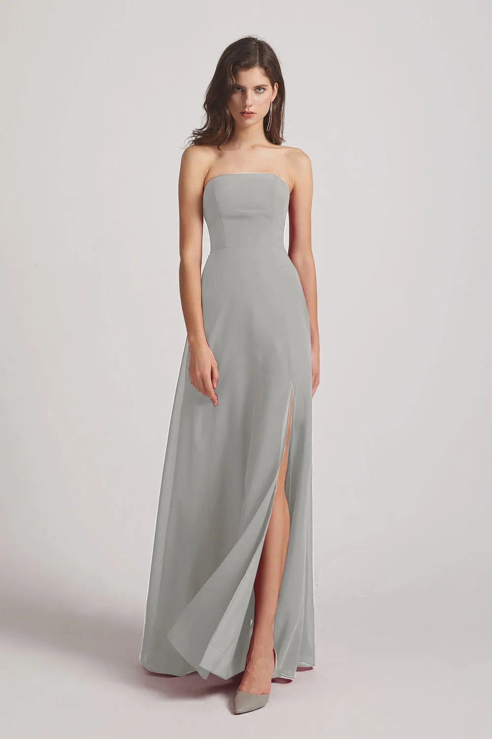 Strapless Chiffon Ruched Slit Long Bridesmaid Dresses (AF0050)