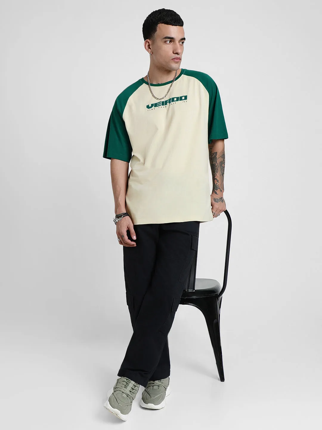 Swanwhite and Bottle Green Oversized Raglan T-Shirt with Typography Print