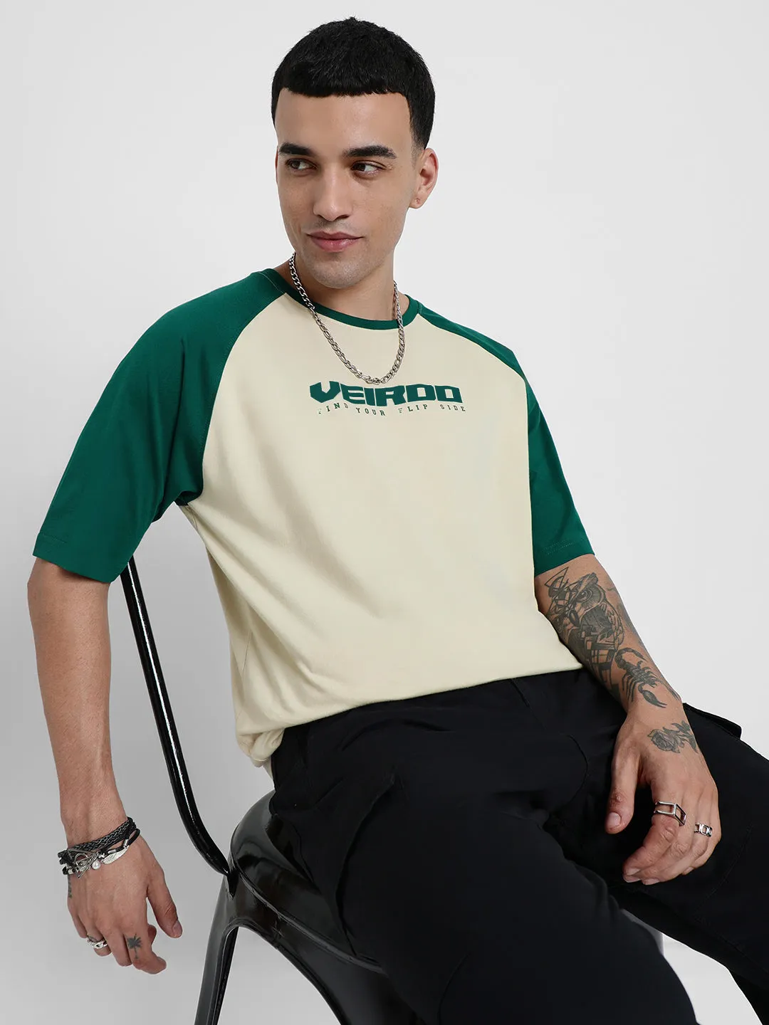 Swanwhite and Bottle Green Oversized Raglan T-Shirt with Typography Print