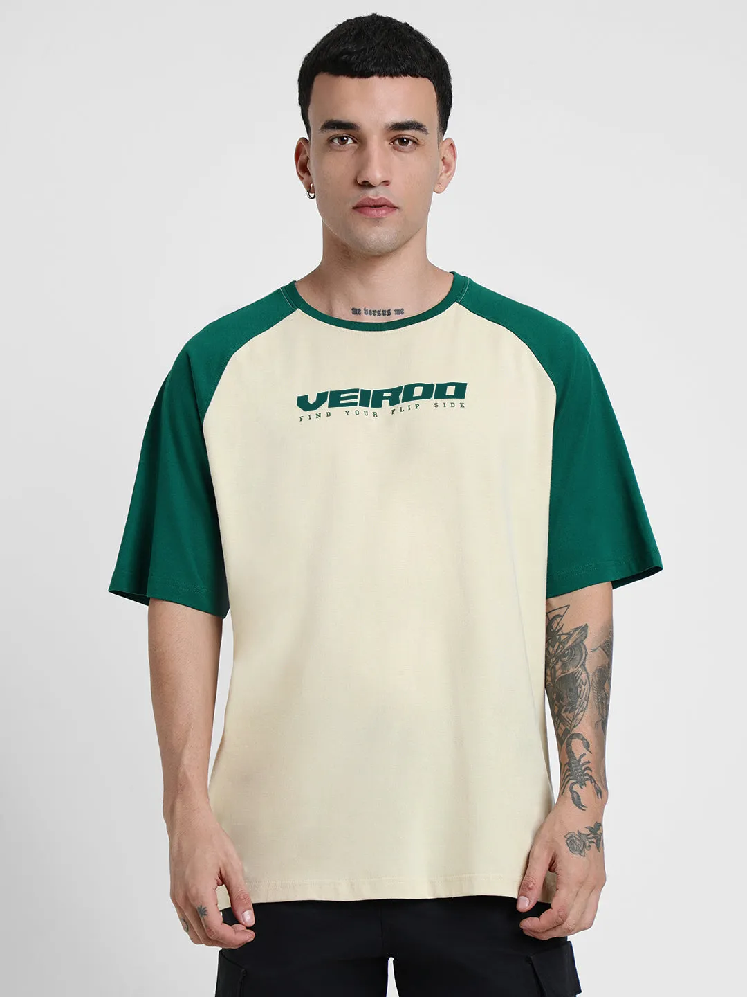 Swanwhite and Bottle Green Oversized Raglan T-Shirt with Typography Print