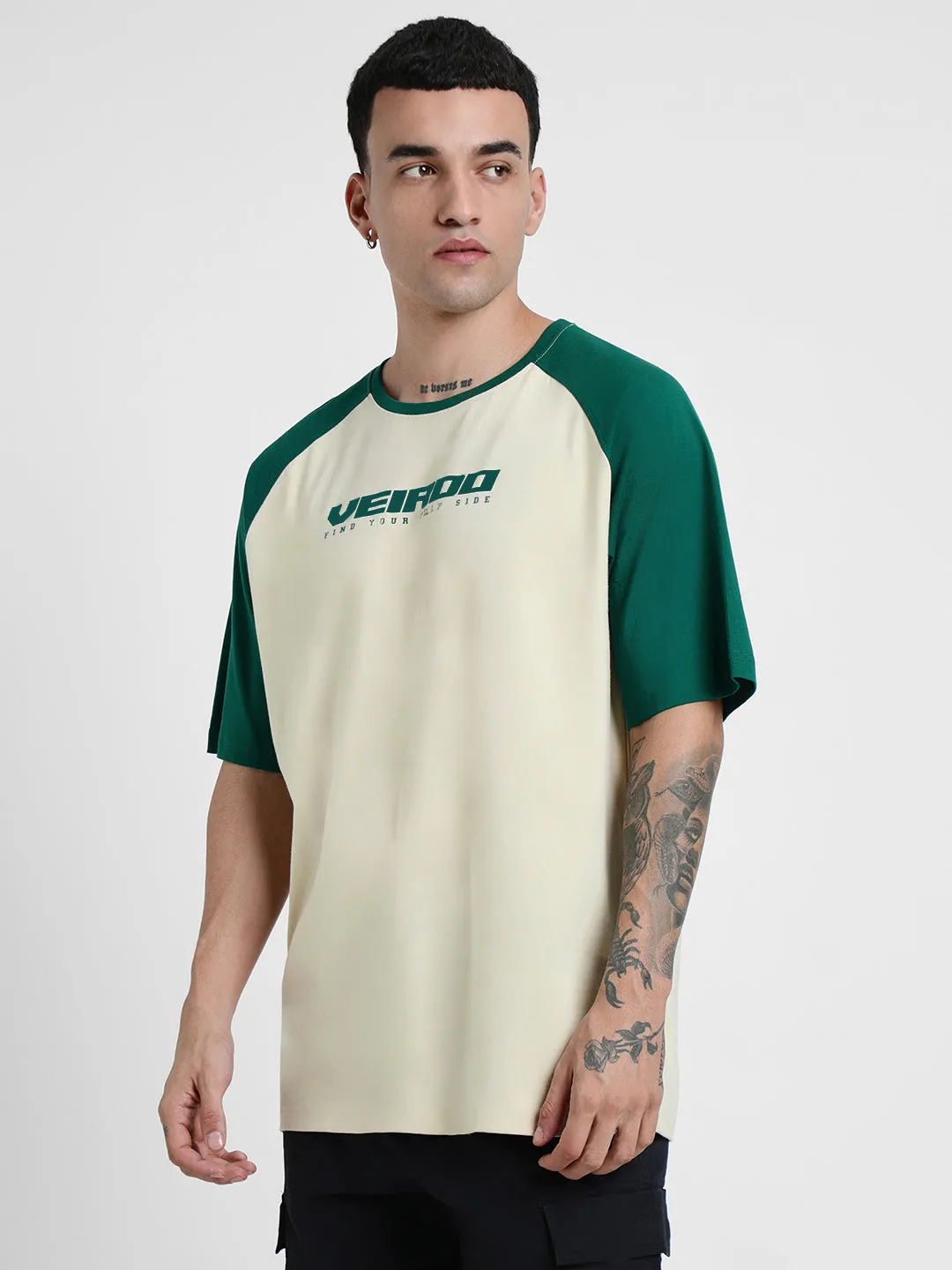 Swanwhite and Bottle Green Oversized Raglan T-Shirt with Typography Print