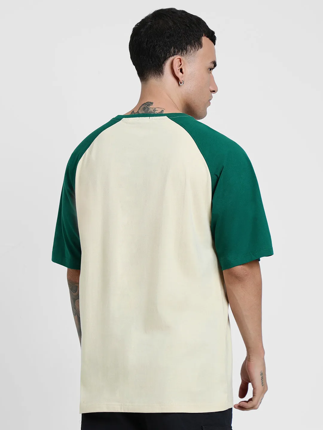 Swanwhite and Bottle Green Oversized Raglan T-Shirt with Typography Print