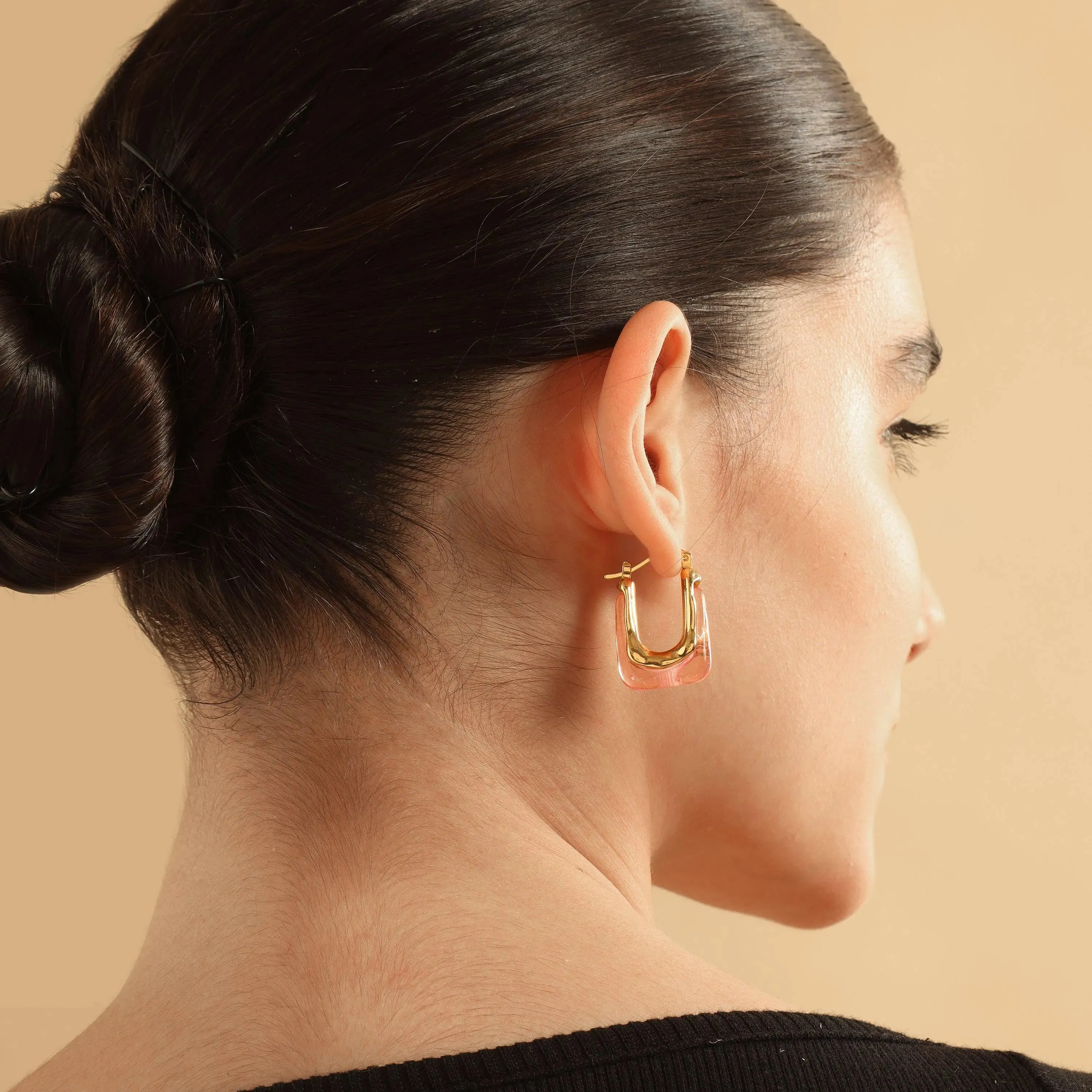 TFC Square Pink Resin Gold Plated Hoop Earrings