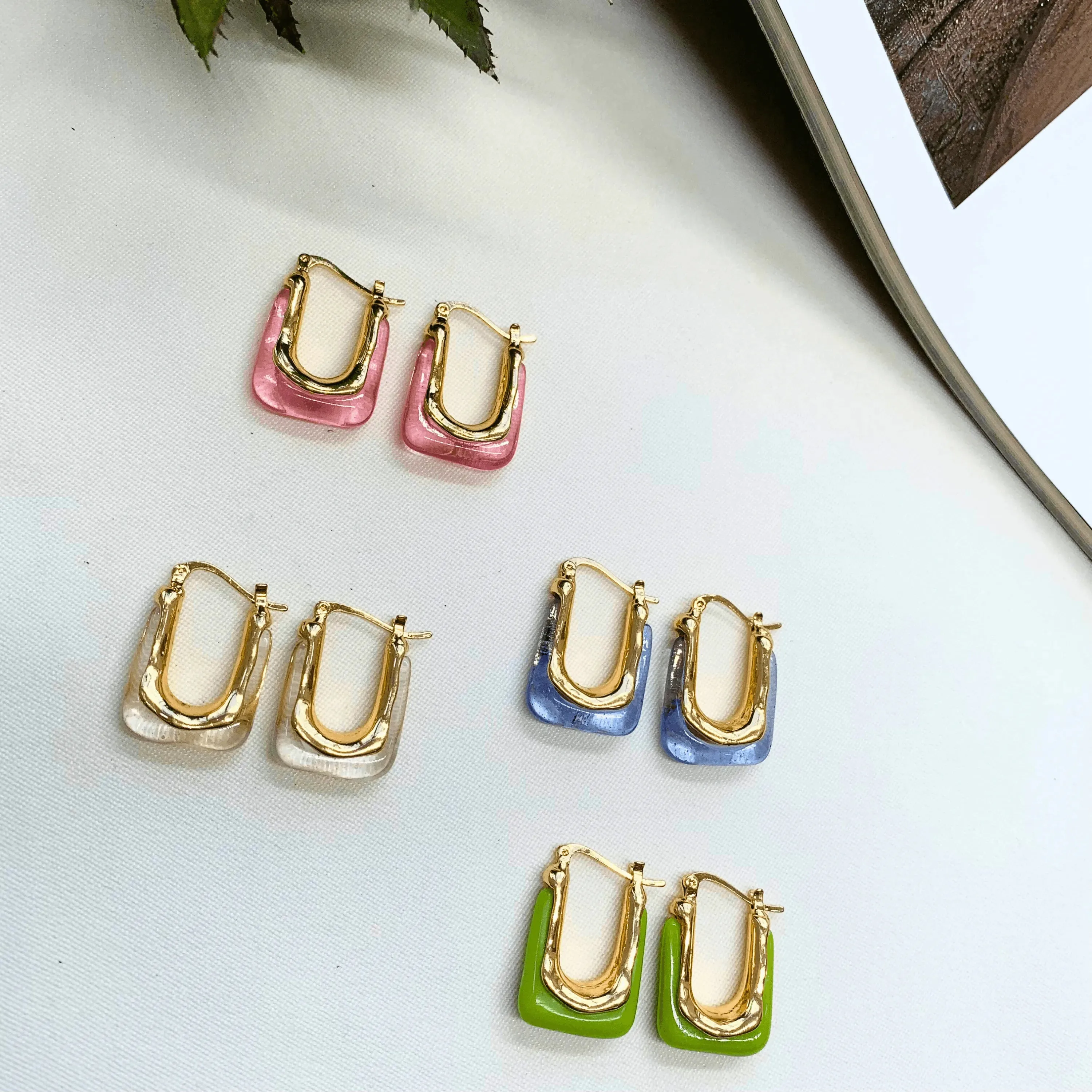 TFC Square Pink Resin Gold Plated Hoop Earrings