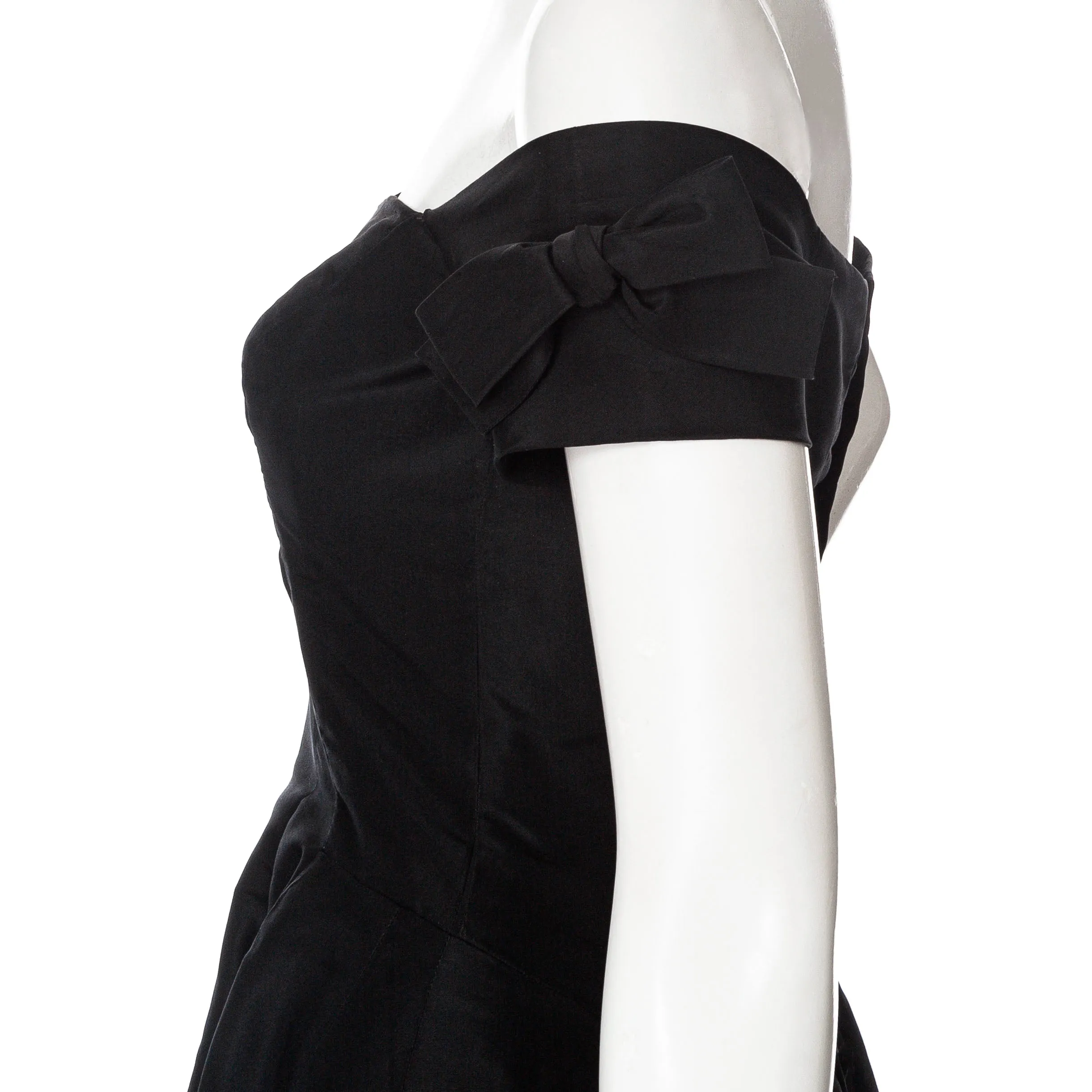 Vintage Black Taffeta Fit and Flare Shoulder-Bow Cocktail Dress