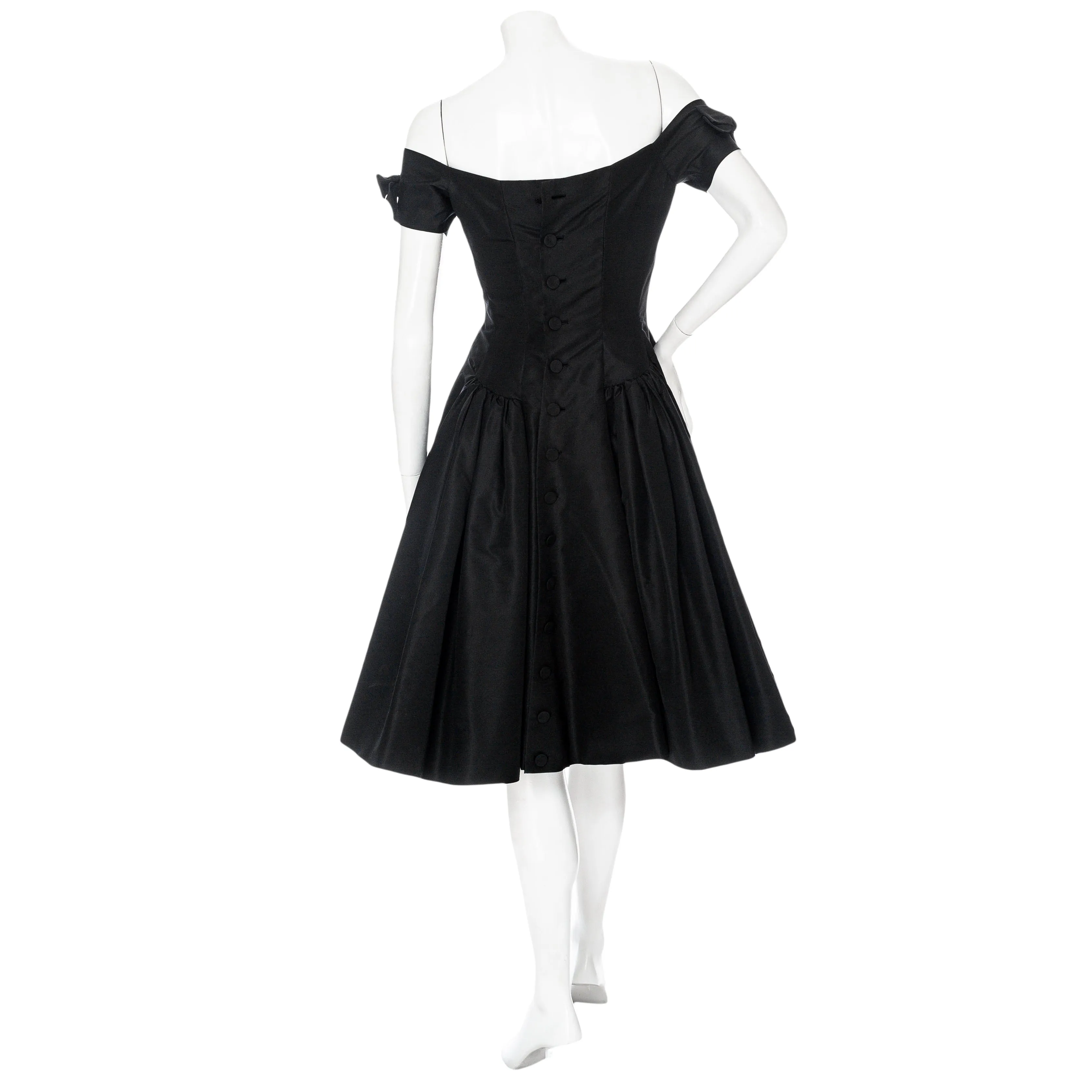 Vintage Black Taffeta Fit and Flare Shoulder-Bow Cocktail Dress