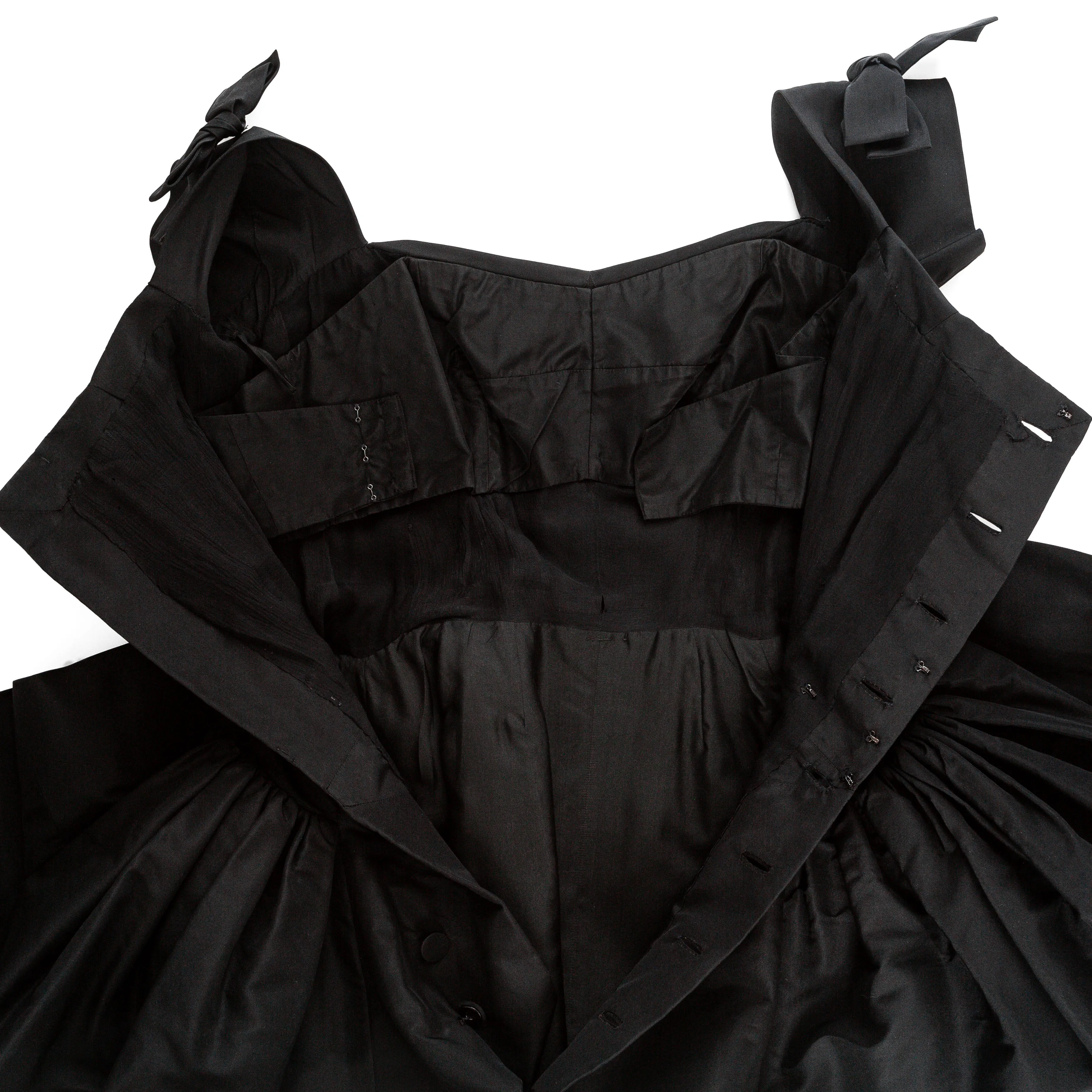 Vintage Black Taffeta Fit and Flare Shoulder-Bow Cocktail Dress