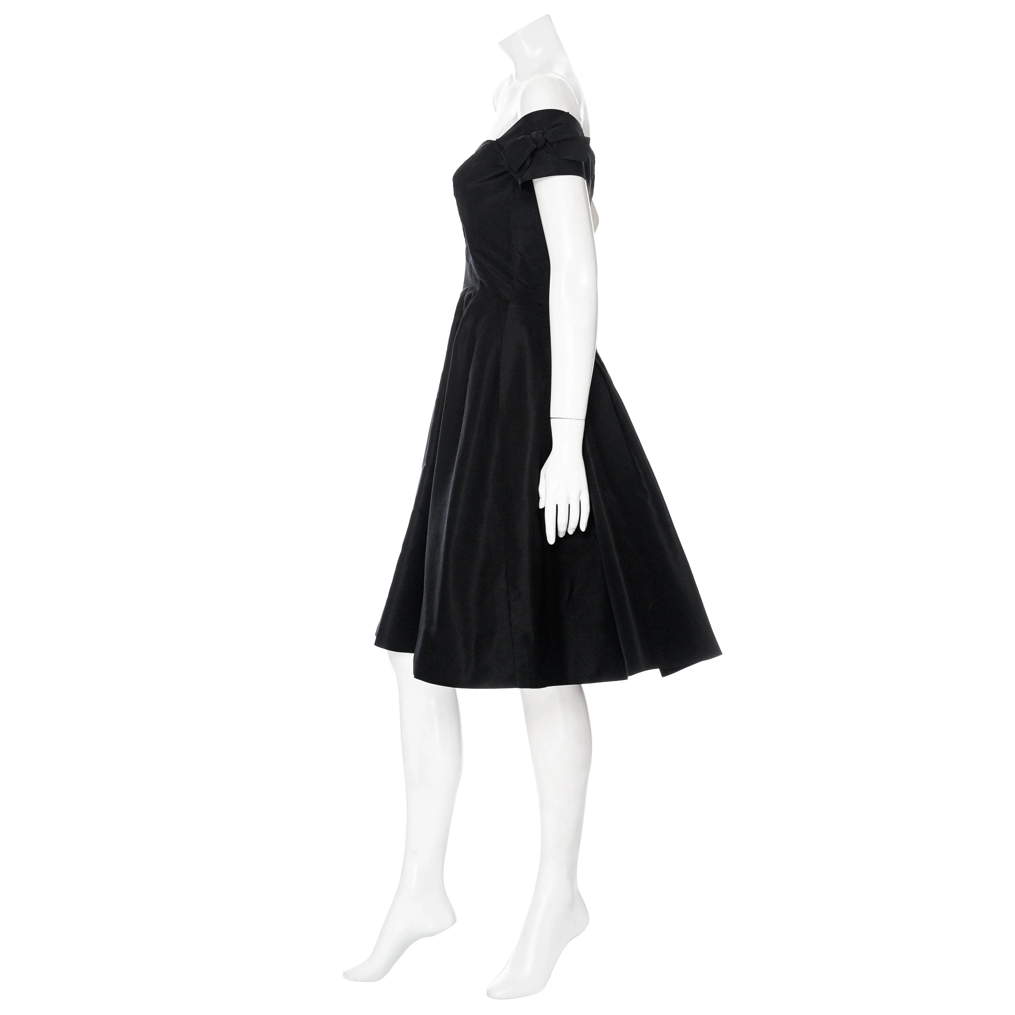 Vintage Black Taffeta Fit and Flare Shoulder-Bow Cocktail Dress