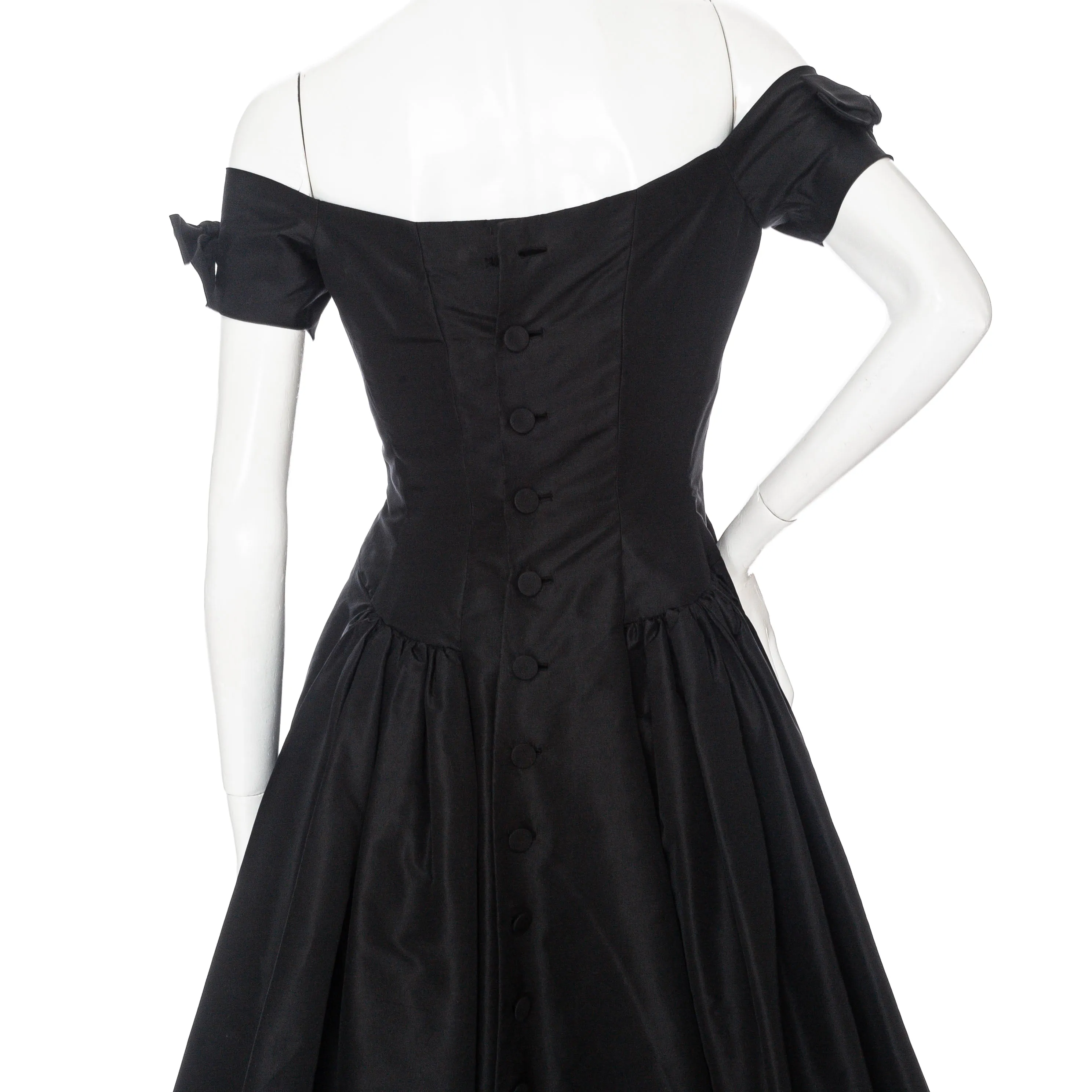 Vintage Black Taffeta Fit and Flare Shoulder-Bow Cocktail Dress