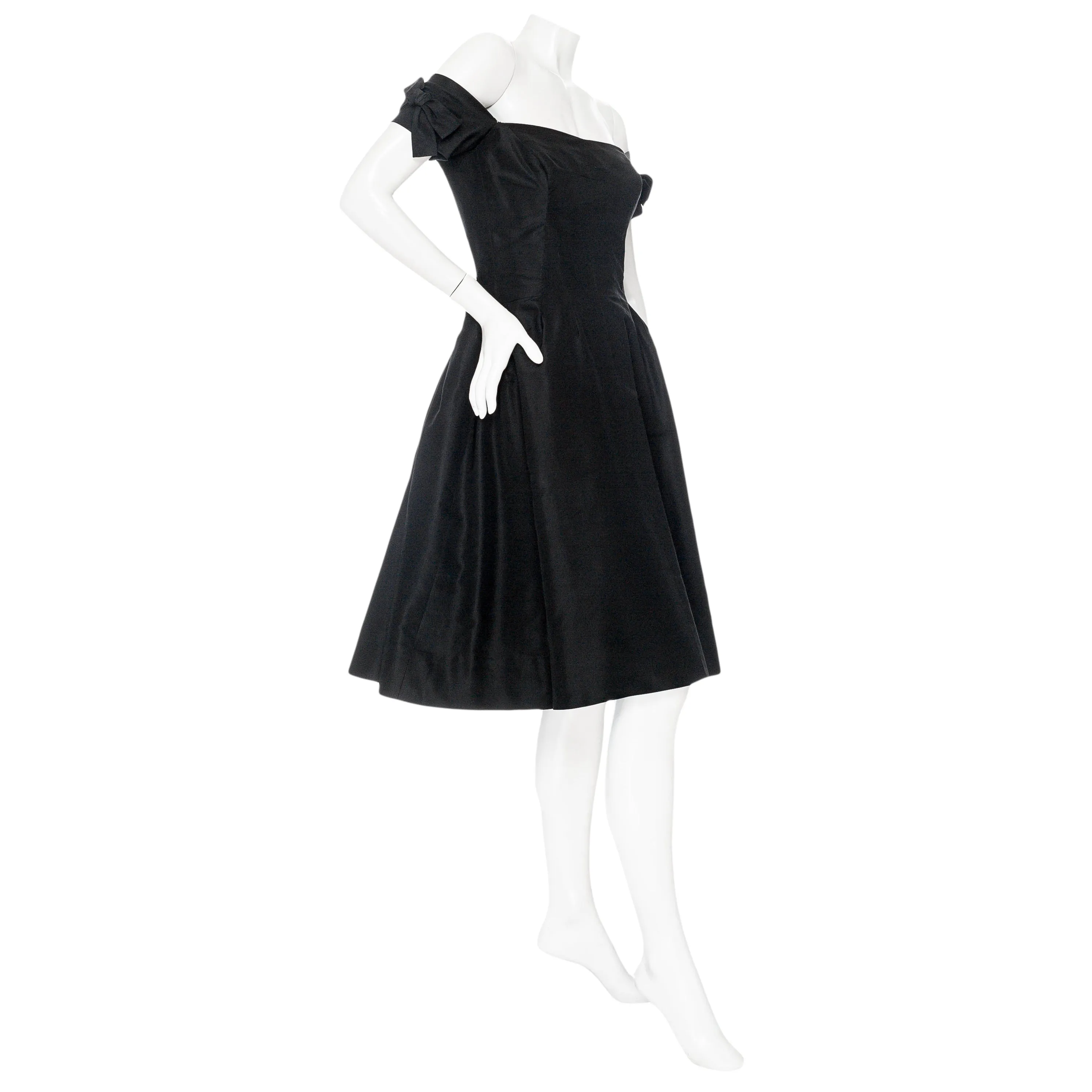 Vintage Black Taffeta Fit and Flare Shoulder-Bow Cocktail Dress