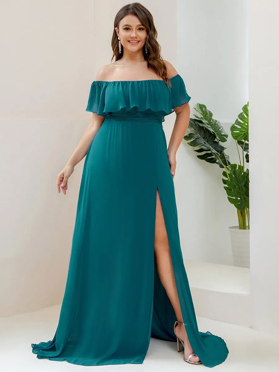 Women's Off Shoulder Ruffle Thigh Slit Bridesmaid Dresses