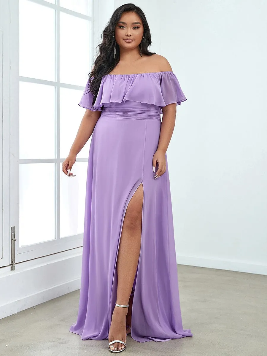 Women's Off Shoulder Ruffle Thigh Slit Bridesmaid Dresses