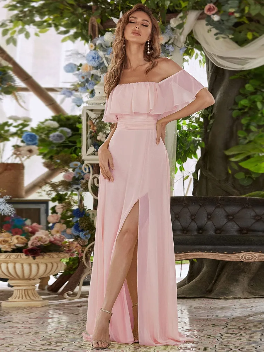 Women's Off Shoulder Ruffle Thigh Slit Bridesmaid Dresses