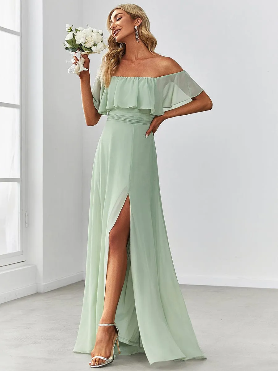 Women's Off Shoulder Ruffle Thigh Slit Bridesmaid Dresses