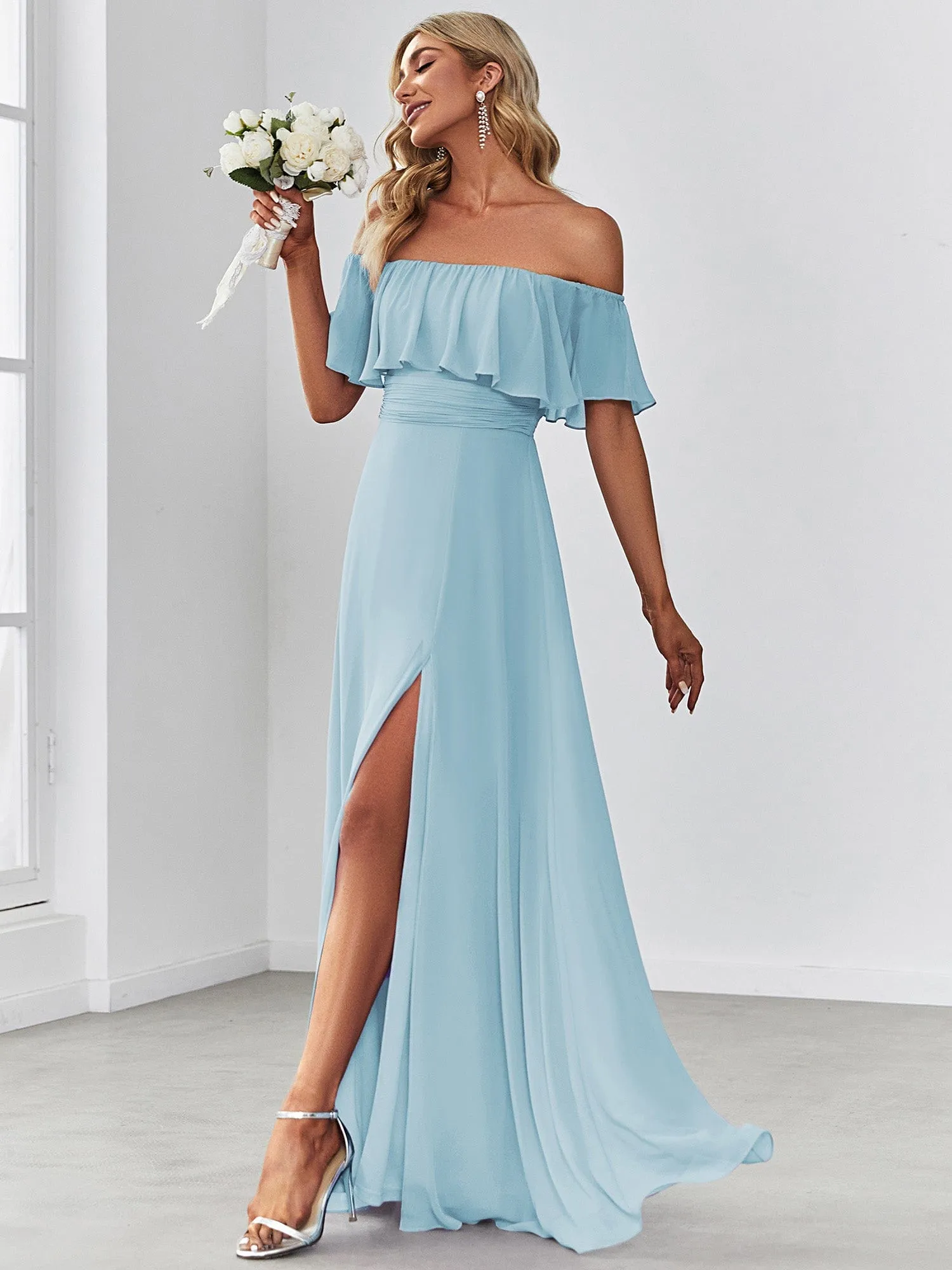 Women's Off Shoulder Ruffle Thigh Slit Bridesmaid Dresses