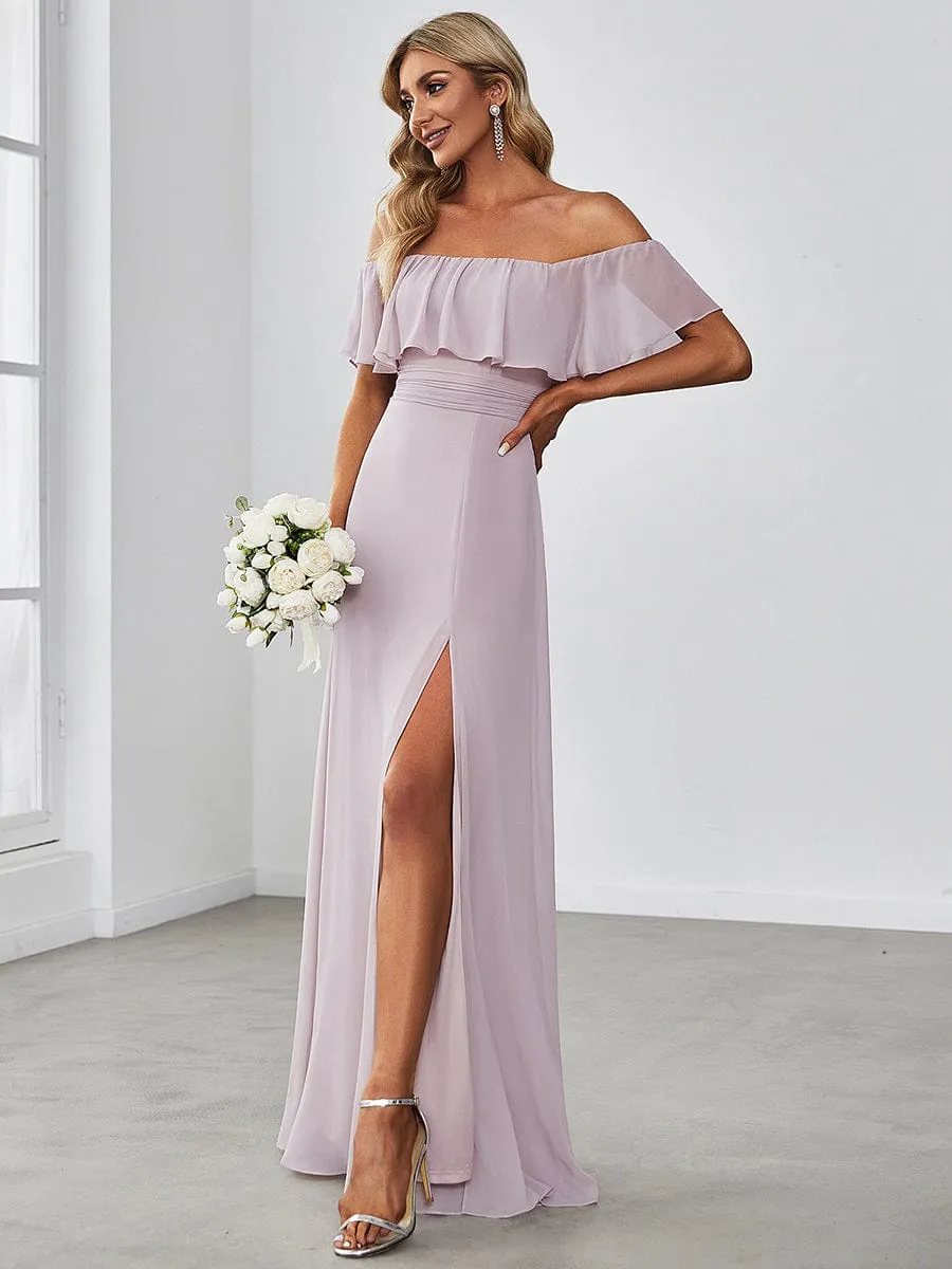 Women's Off Shoulder Ruffle Thigh Slit Bridesmaid Dresses