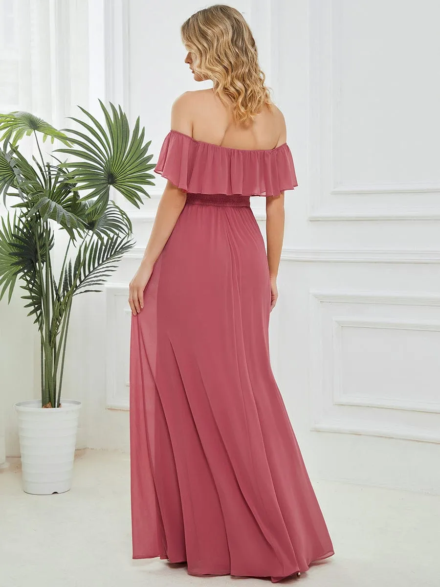 Women's Off Shoulder Ruffle Thigh Slit Bridesmaid Dresses