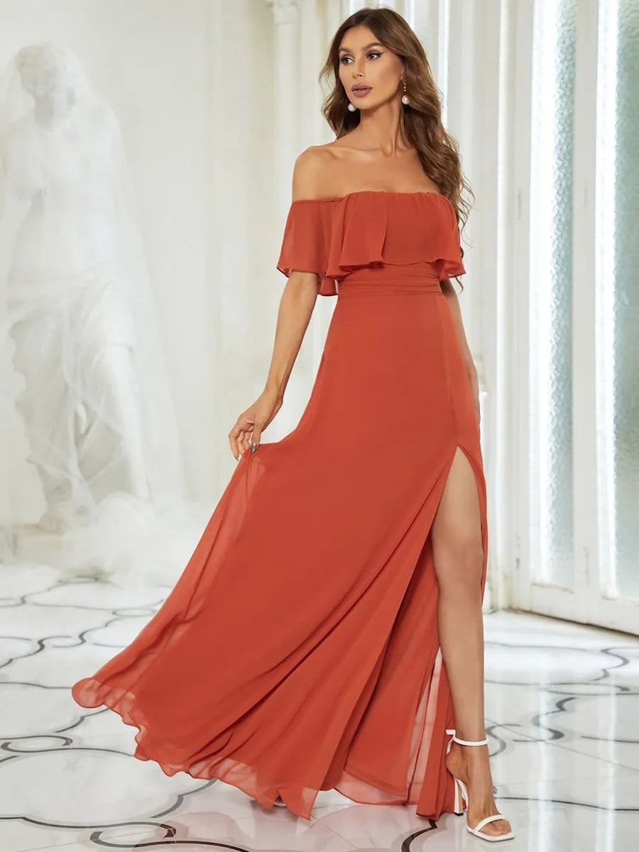 Women's Off Shoulder Ruffle Thigh Slit Bridesmaid Dresses