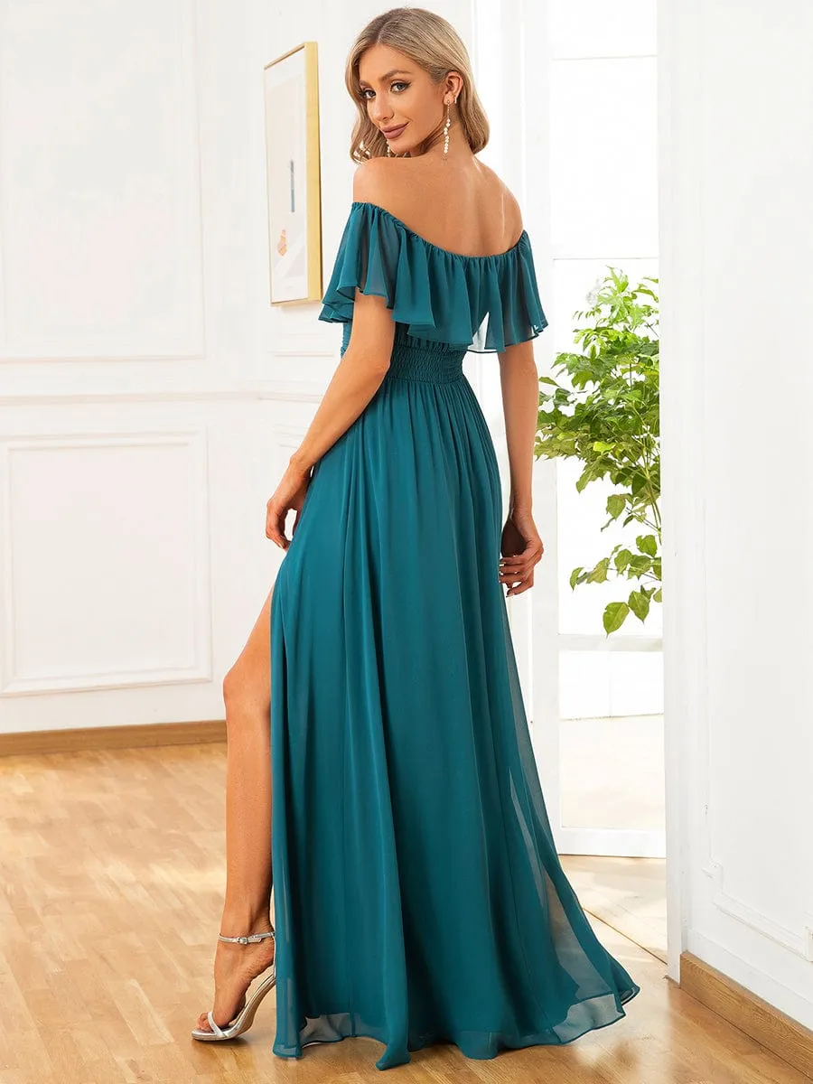 Women's Off Shoulder Ruffle Thigh Slit Bridesmaid Dresses