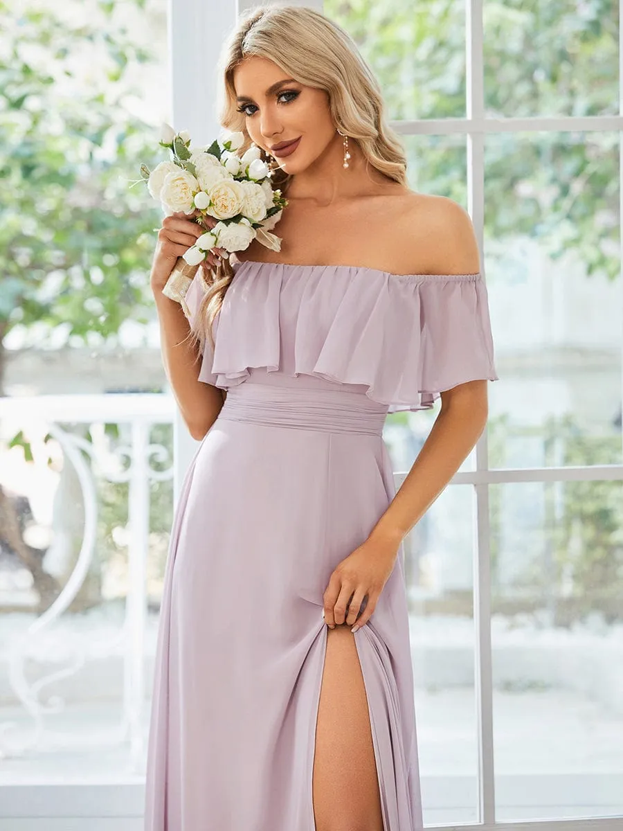 Women's Off Shoulder Ruffle Thigh Slit Bridesmaid Dresses