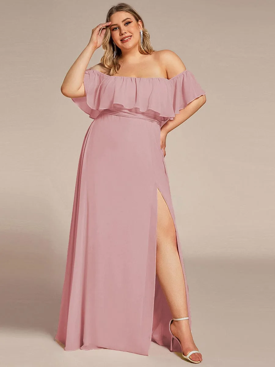 Women's Off Shoulder Ruffle Thigh Slit Bridesmaid Dresses