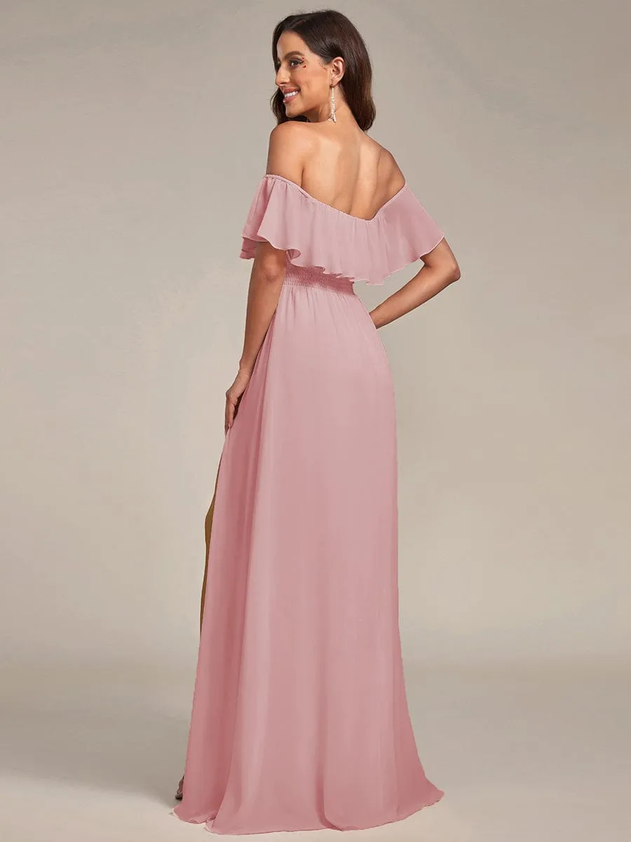 Women's Off Shoulder Ruffle Thigh Slit Bridesmaid Dresses