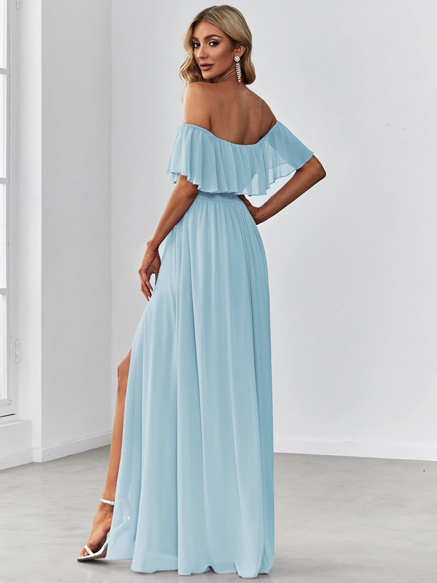 Women's Off Shoulder Ruffle Thigh Slit Bridesmaid Dresses