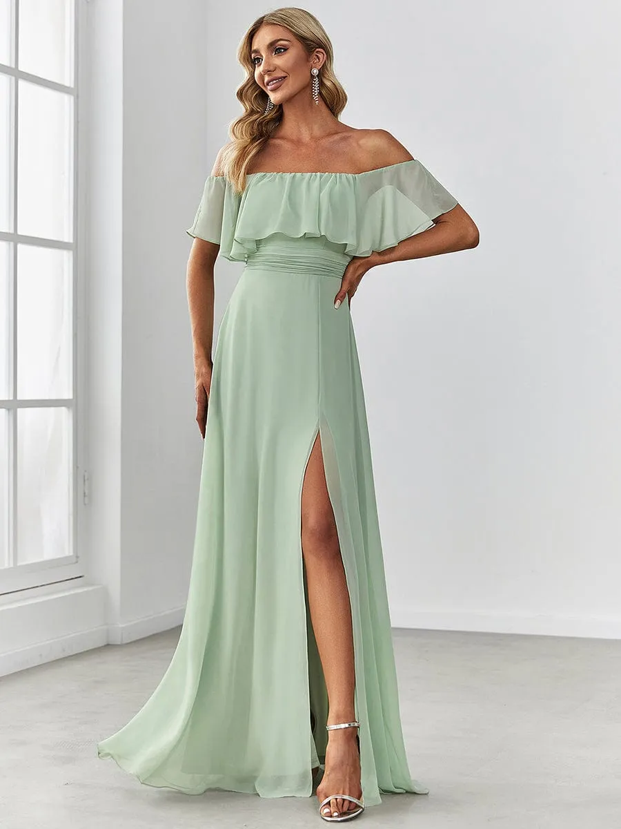 Women's Off Shoulder Ruffle Thigh Slit Bridesmaid Dresses