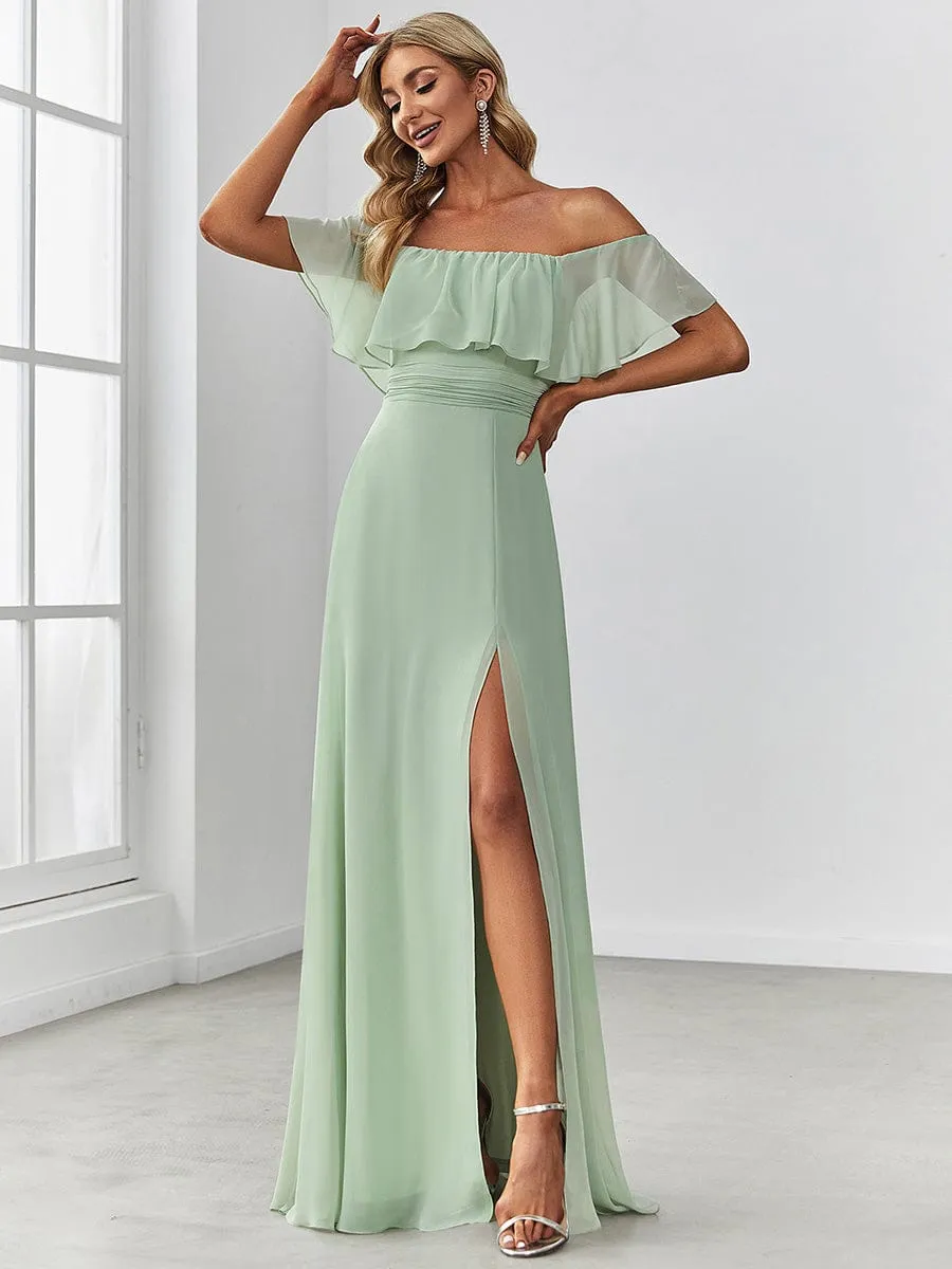 Women's Off Shoulder Ruffle Thigh Slit Bridesmaid Dresses